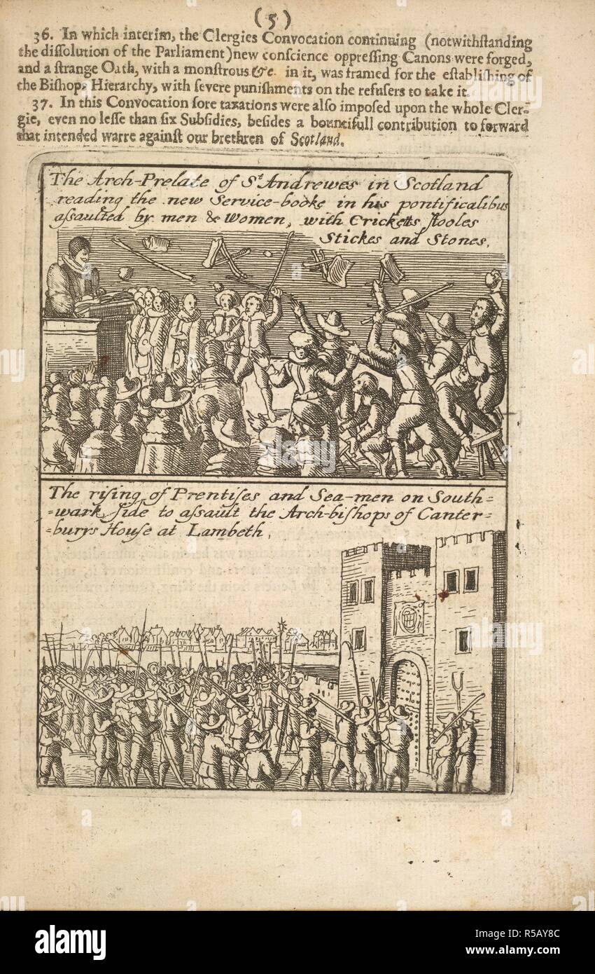 Religiöse agitation. Der Bogen Prälat von St. Andrews in Schottland lesen das neue Servicebuch, von Frauen und Männern angegriffen. Unten, das Steigen des prentices und Seeleute auf Southwark Seite Angriff der Erzbischof von Canterbury im Lambeth zu. Ein Anblick, der Ihr Trans-aktionen der Letztgenannten yeares Emblemized mit engrauen plats, die Männer können ohne Brille [wahrscheinlich von W. Hollar] lesen. (Von John vikare gesammelt.). Thomas Ienner: [London, 1646]. Quelle: G. 4092, Seite 5. Sprache: Englisch. Stockfoto