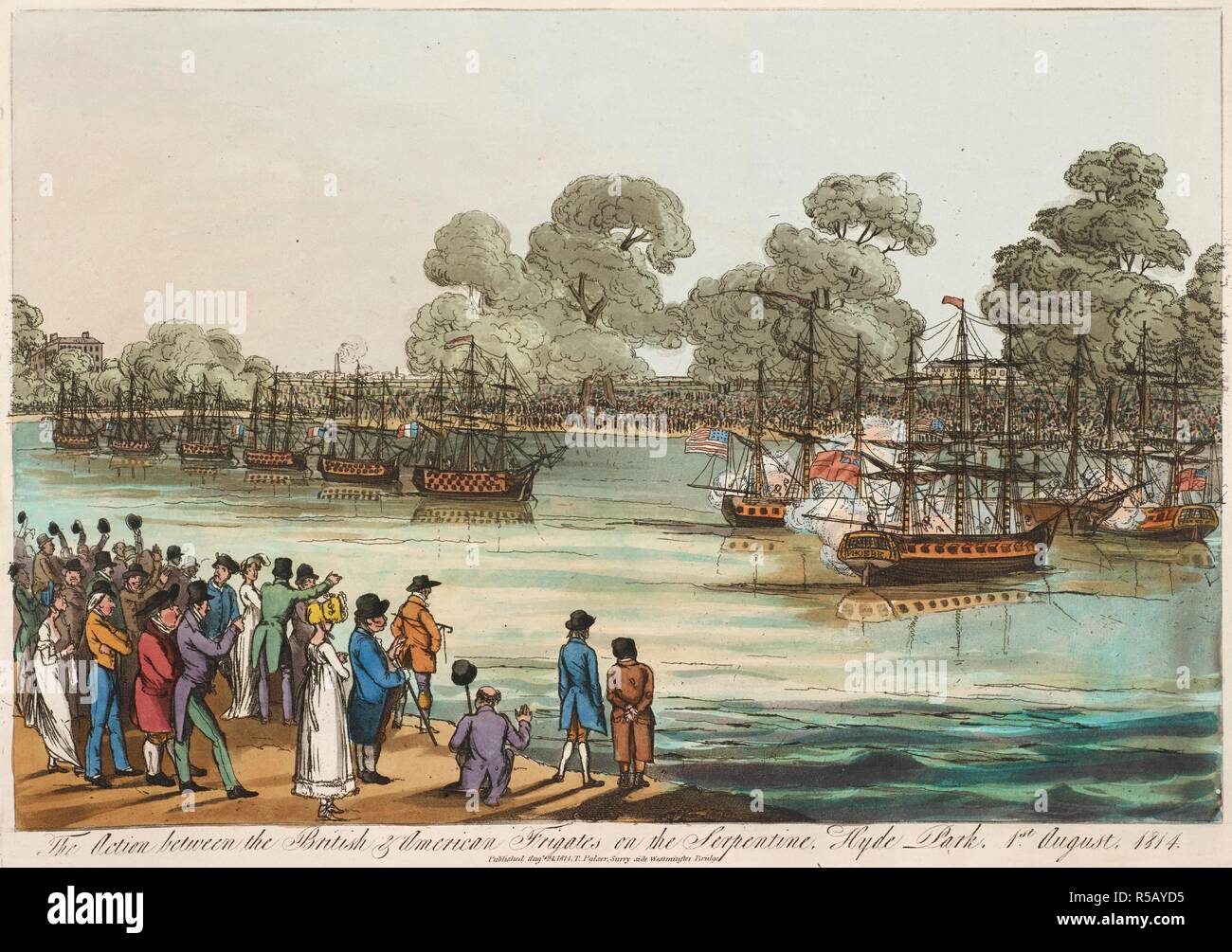 Die Zahlen stehen auf der Bank der Serpentine River beobachten zwei Flotten von Schiffen in Mock bekämpfen; Bäume in der Ferne. Die Aktion zwischen den Britischen und Amerikanischen Fregatten auf dem Serpentine, Hyde Park, 1. August 1814. [London]: Veröffentlichte Augt 24, 1814, von Thos Palser, Surry Seite West Bridge, [24 August 1814]. Radierung und Aquatinta mit hand-Färbung. Quelle: Karten K. Top. 26.6. n. Sprache: Englisch. Stockfoto