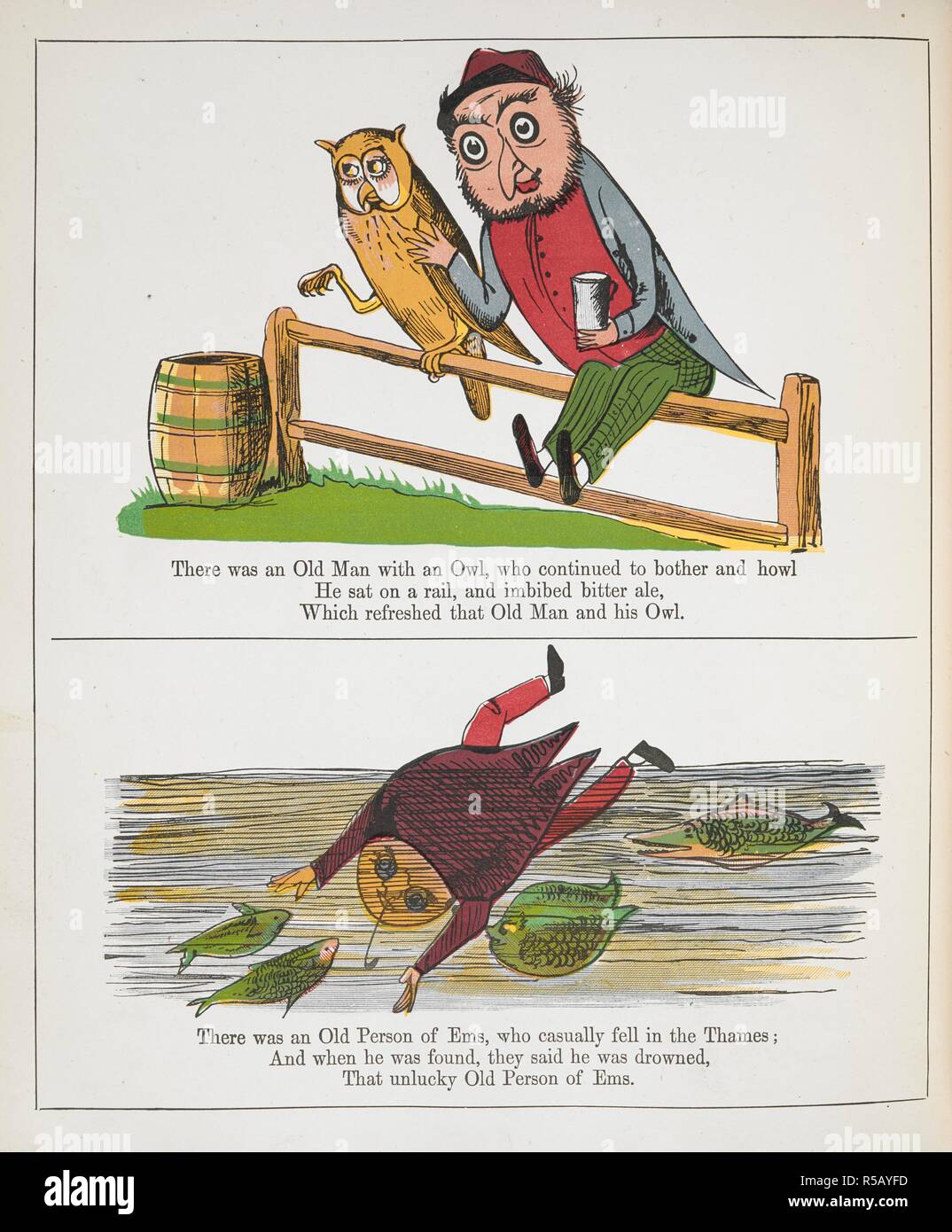 Es war ein alter Mann mit einem Eule... Es war eine alte Person von Ems... Ein Buch von Unsinn. [Mit Illustrationen.]. London: Frederick Warne & Co., [1885?]. Quelle: 12332.dd.21 auf Seite 118. Thema: Lear, Edward. Stockfoto