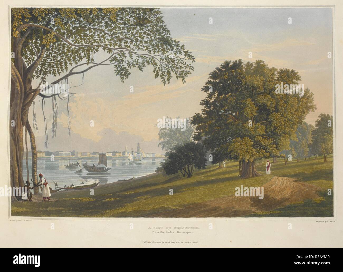 "Ein Blick auf Serampore, aus dem Park in Barrackpore'. Blick von Kalkutta/gestochen von Robert Havell. Rodwell und Martin und Smith, Elder & Co., [1824-1826]. Farbige aquatinta nach J.B. Fraser. Quelle: X644 (21). Autor: HAVELL, ROBERT. FRASER, JAMES BAILLIE. Stockfoto