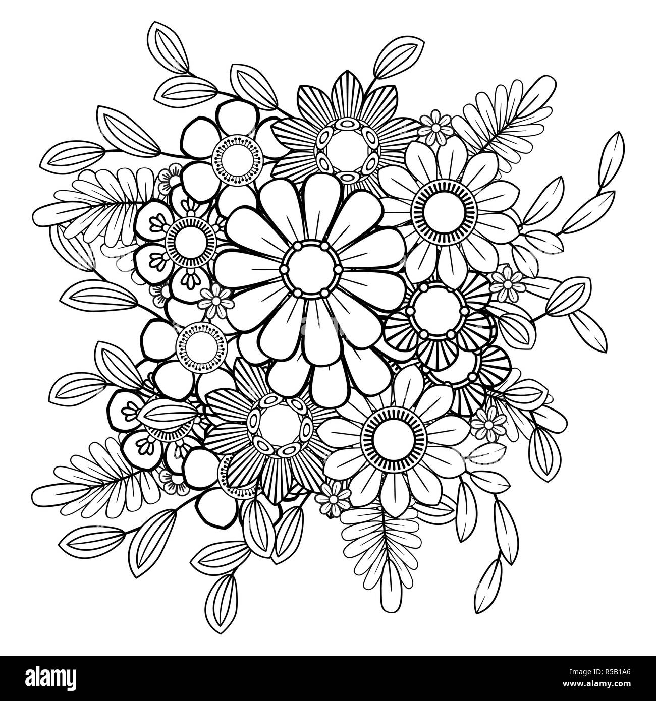 Nach Färbung mit Blumen Muster. Schwarze und weiße doodle Kranz. Florale Mandala. Blumenstrauß line Art Vector Illustration auf weißem Hintergrund. Rundes Design Element Stock Vektor
