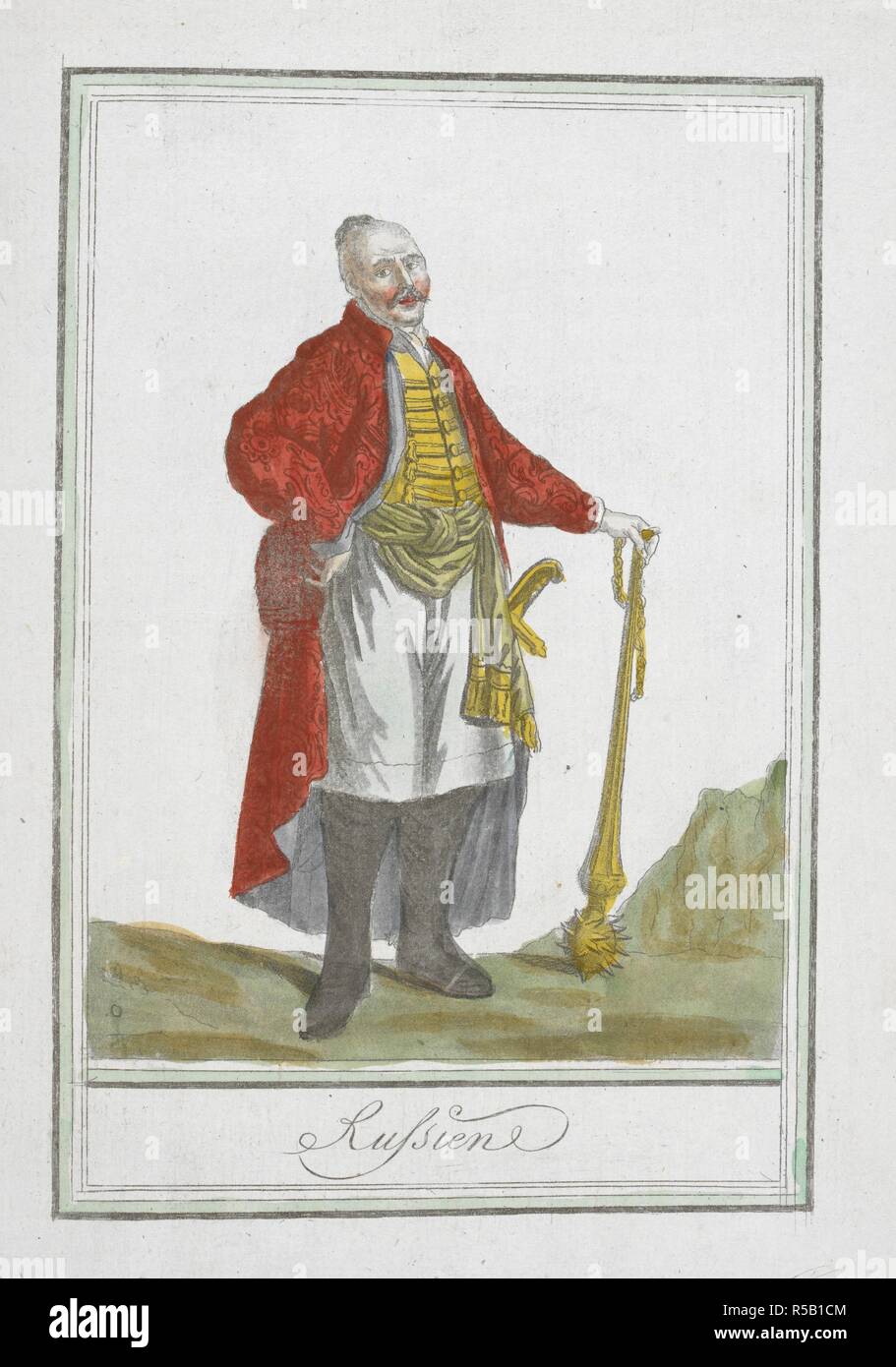 Rufsiene. Ein russischer Mann. EncyclopeÌdie des Voyages, Contenant l'abreÌgeÌ Historique de mÅ" Urs ...de tous les peuples et la collection complette de leurs habillemens civils, Militaires, dignitaires religieux et, d'dessineÌs apreÌ € s Natur,... et colorieÌs aÌ € l'Aquarelle. Paris, 1796. Quelle: 1259) b) 13-17, tom.2 Platte 66. Sprache: Französisch. Autor: GRASSET DE SAINT-SAUVEUR, Jacques. Stockfoto