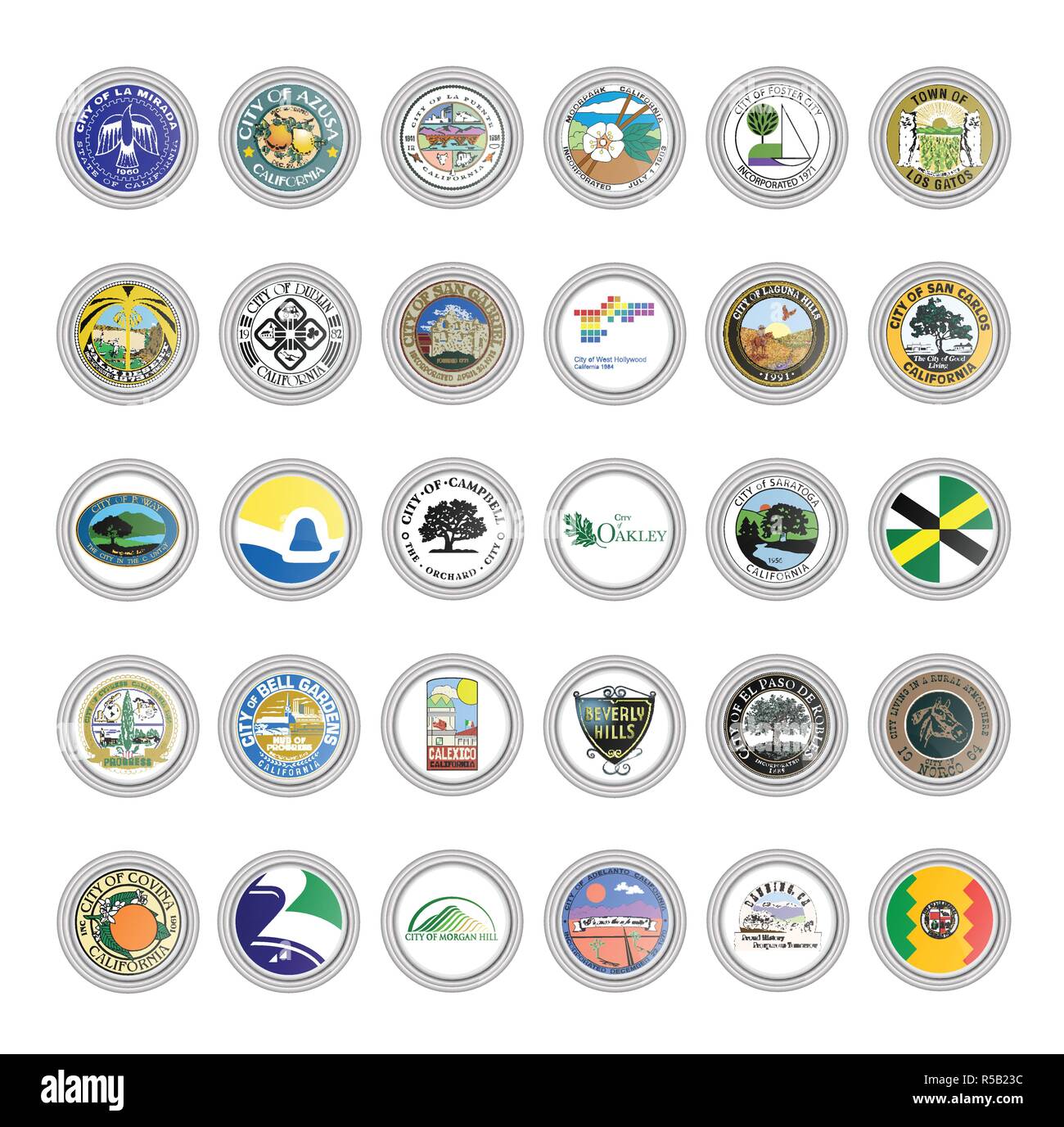 Satz von Vector Icons. Flaggen und Siegel der Städte, Kalifornien, USA. 3D-Darstellung. Stock Vektor