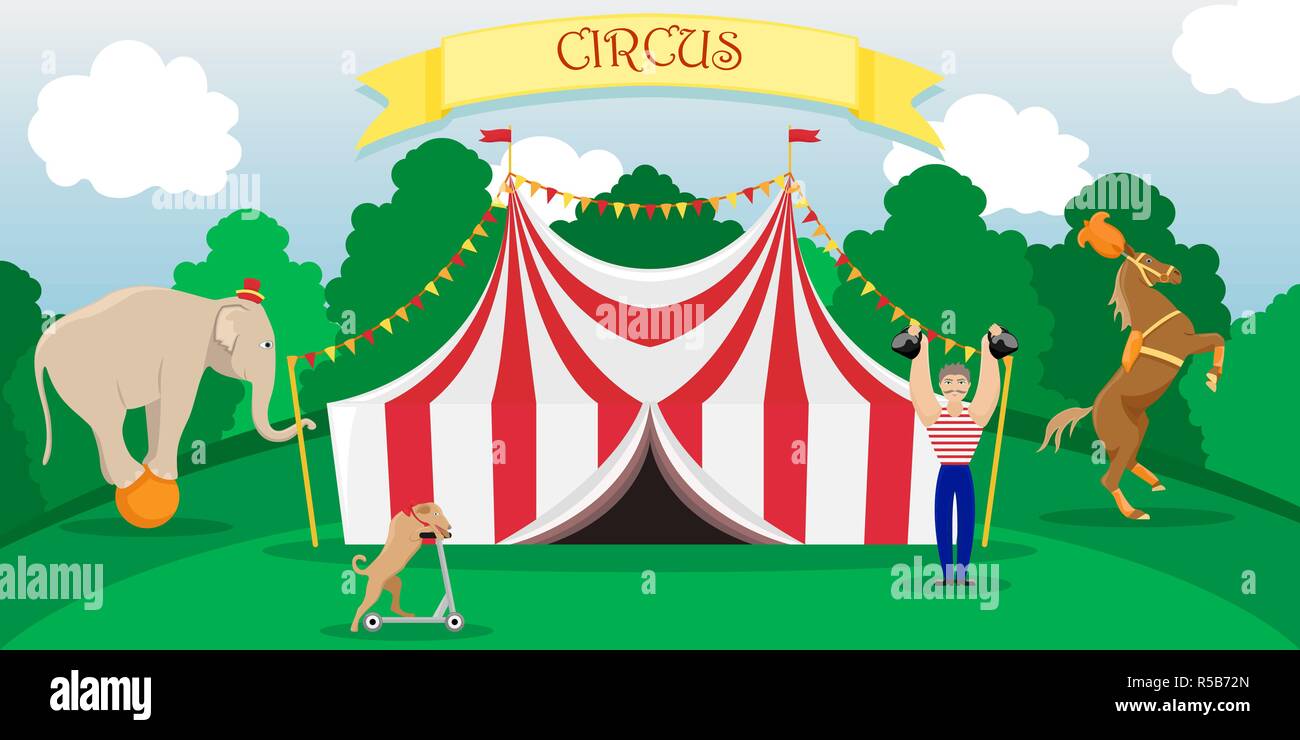 Hell poster Zirkus Leistung mit einem Zelt. Isolierte flache Vector Illustration. Stock Vektor