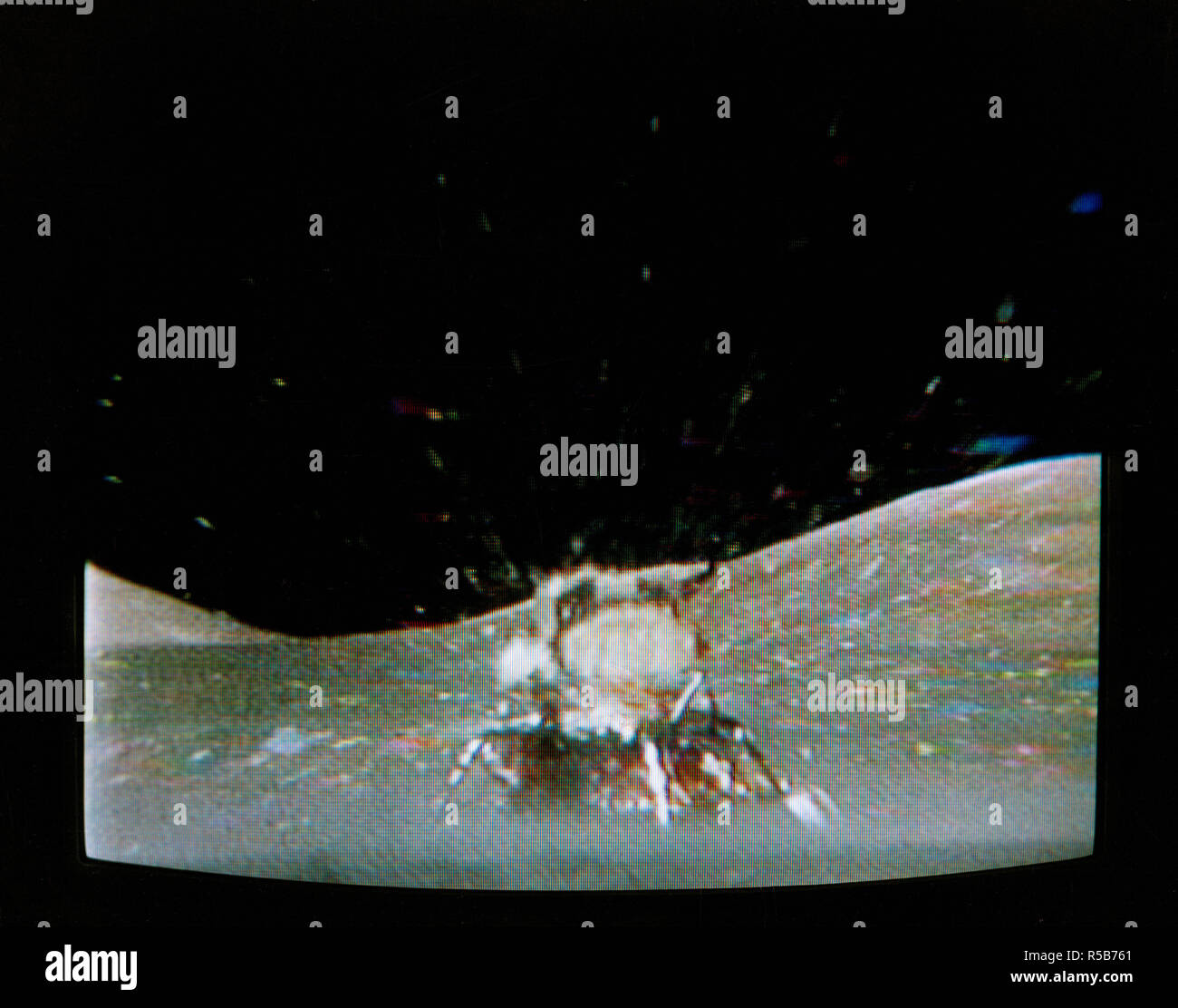Die Apollo 17 Lunar Module (LM) 'Challenger' Stufenaufstieg verlässt den Taurus-Littrow Landeplatz da Sie sich spektakuläre liftoff von der Mondoberfläche, wie in dieser Reproduktion aus einem Farb-TV Übertragung durch die Farbe RCA TV-Kamera über das Lunar Roving Vehicle (LRV) montiert gesehen. Die LRV-TV-Kamera, Remote aus dem Mission Control Center (MCC) in Houston gesteuert, machte es möglich, für die Menschen auf der Erde die fantastische Veranstaltung zu beobachten. Das LM liftoff wurde mit 188:01:36 Boden verstrichene Zeit, 4:54:36 Uhr (CST), Donnerstag, 14. Dezember 1972. Stockfoto
