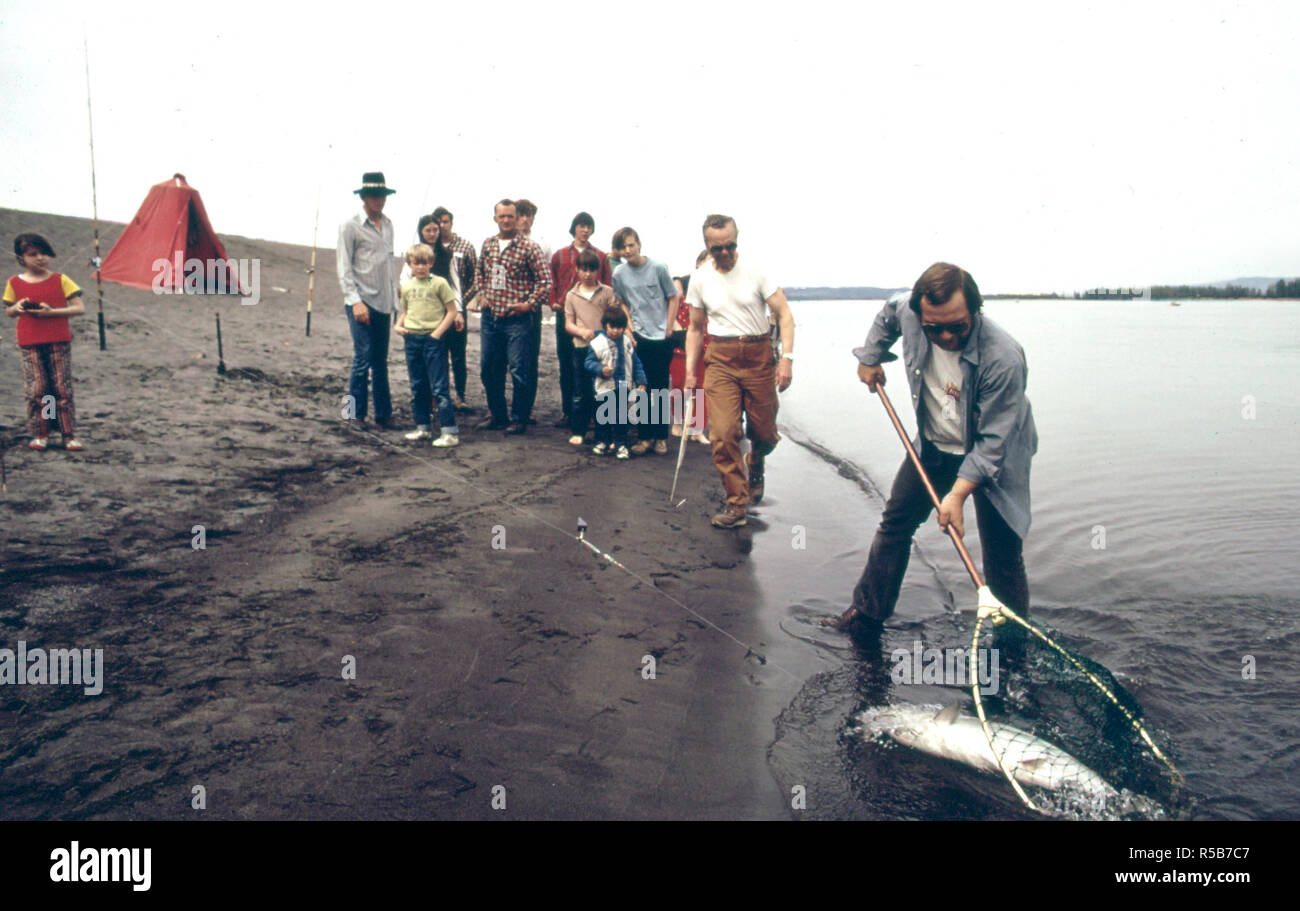 Ein 22-Pfund Silber Lachs, gefangen von diesem Columbia River Sportfischer wird gebracht, während Zuschauer versammeln, an Land 04/1973 Stockfoto