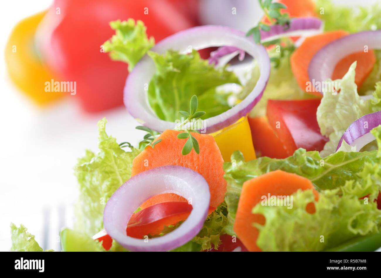 Bunte Frischer gemischter Salat mit Lollo bionda, Zwiebeln, gelbe und rote Paprika, Karotten Stockfoto
