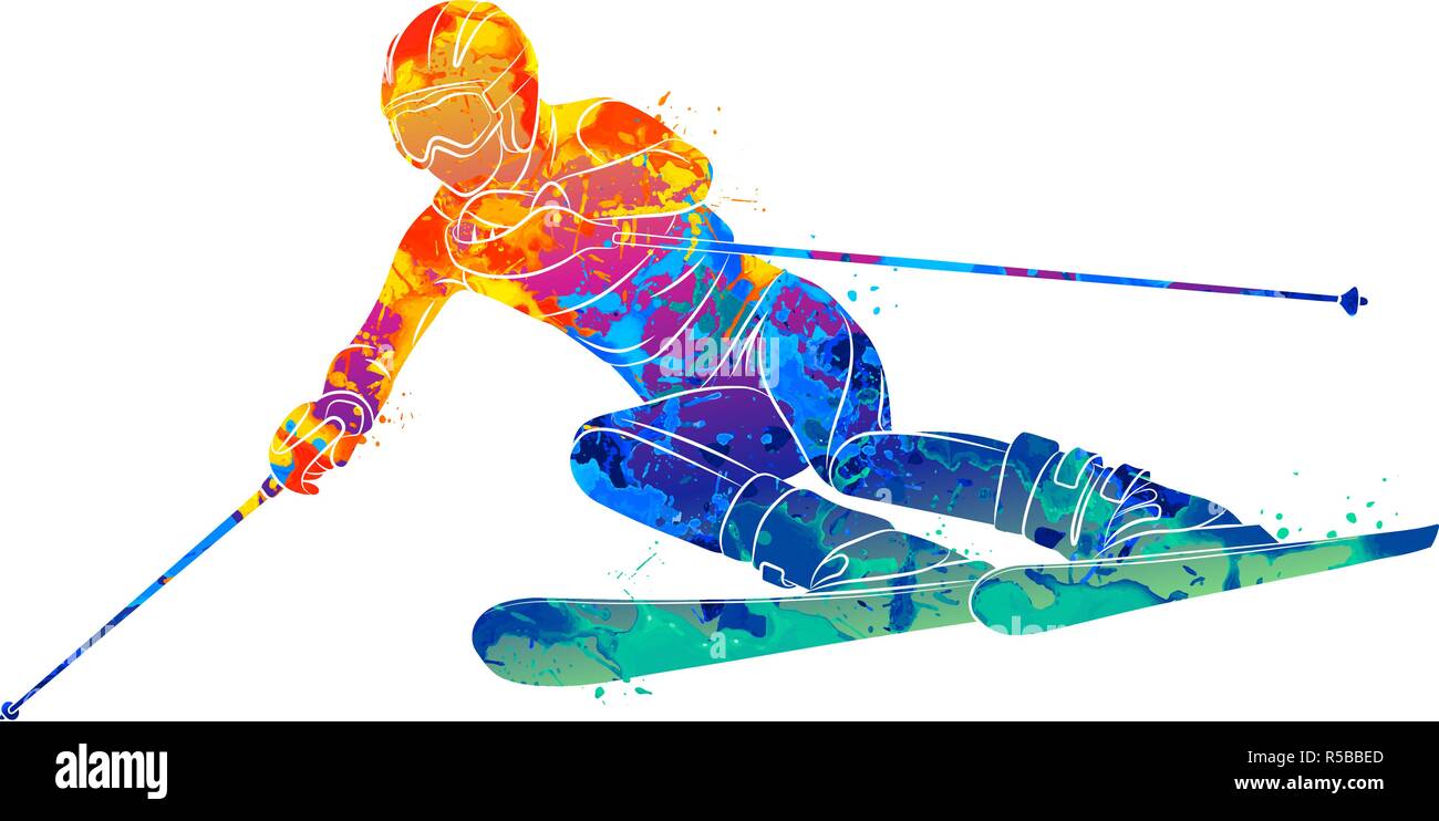 Abstrakte Skifahren. Abfahrt slalom Skier von Splash von Aquarellen. Wintersport Stock Vektor