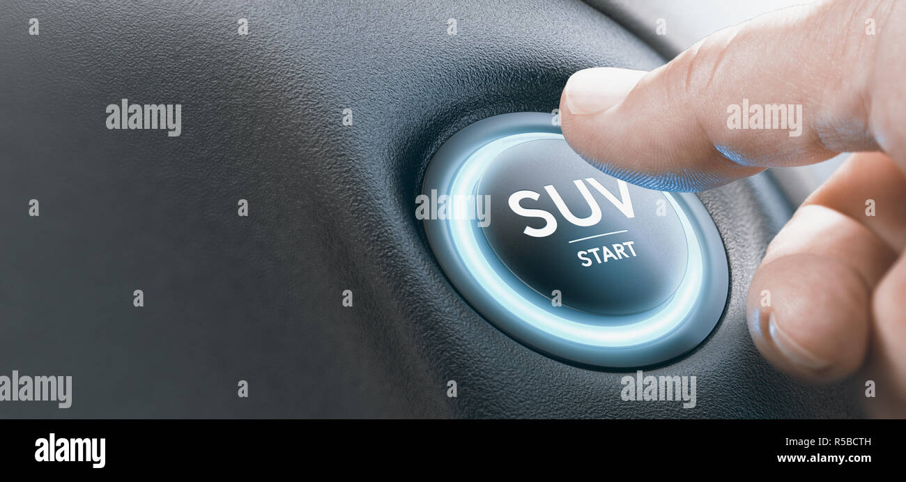 Mann mit einem SUV Motor START-Taste mit blauen lignt. Das zusammengesetzte Bild zwischen einer hand Fotografie und 3D-Hintergrund. Stockfoto