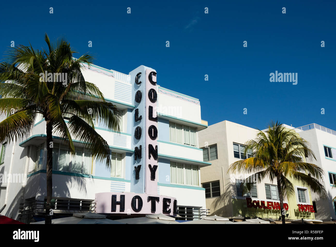 Colony Hotel, Ocean Drive, South Beach, Miami Beach, Florida, Vereinigte Staaten. Stockfoto