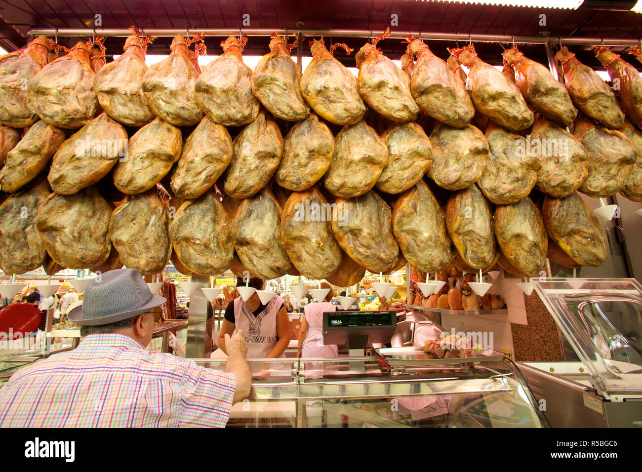 Mercado Central, Central Market, Stall, Schinken, Valencia, Spanien Stockfoto