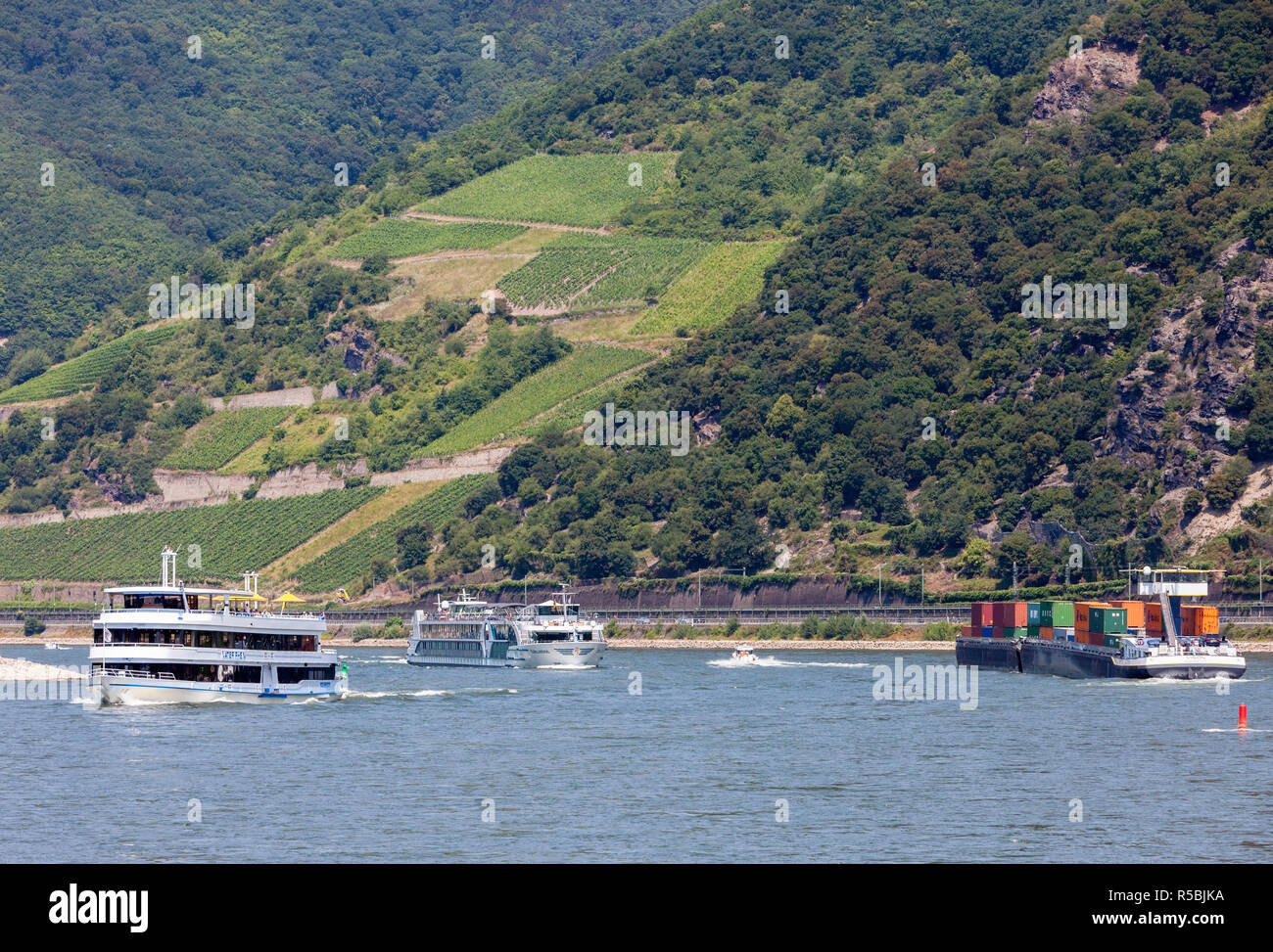 Rheintal, Deutschland. Boot Verkehr auf dem Rhein: Containerschiff und touristische Ausflugsboote.. Stockfoto