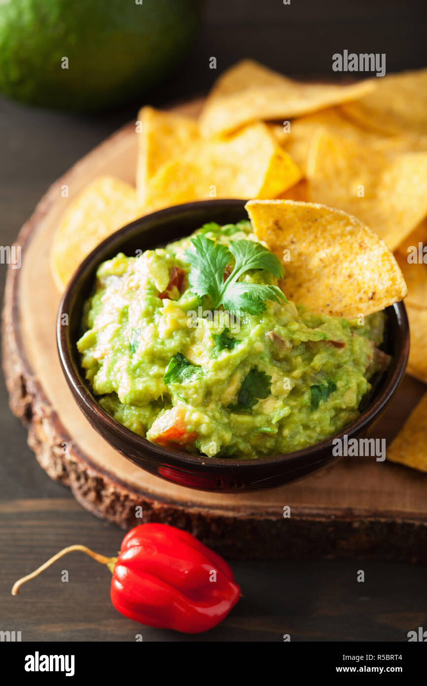 Mexikanische guacamole Dip und nachos Tortilla Chips Stockfoto