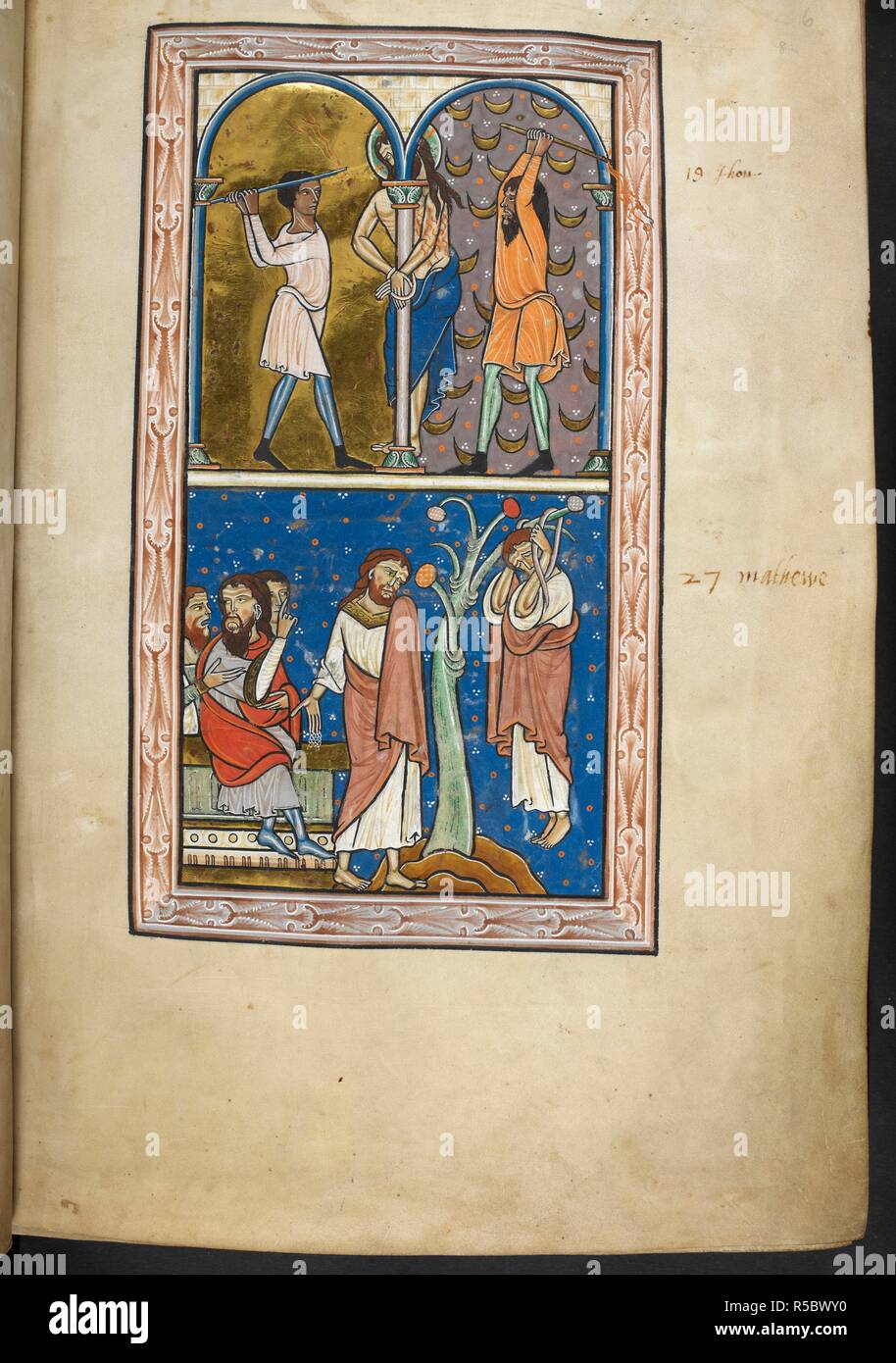 Miniatur aus der Vorbemerkung Zyklus von der Geißelung Christi im oberen Register, und Judas, die Rückgabe der 30 Stücke aus Silber und selbst hängt in der unteren Register. Psalter. England, Zentrale (Oxford); 1. Quartal des 13. Jahrhunderts, vor 1220. Quelle: Royal 1D. X, f 6. Sprache: Latein. Stockfoto Miniatur aus der Vorbemerkung Zyklus von der Geißelung Christi im oberen Register, und Judas, die Rückgabe der 30 Stücke aus Silber und selbst hängt in der unteren Register. Psalter. England, Zentrale (Oxford); 1. Quartal des 13. Jahrhunderts, vor 1220. Quelle: Royal 1D. X, f 6. Sprache: Latein. Stockfoto