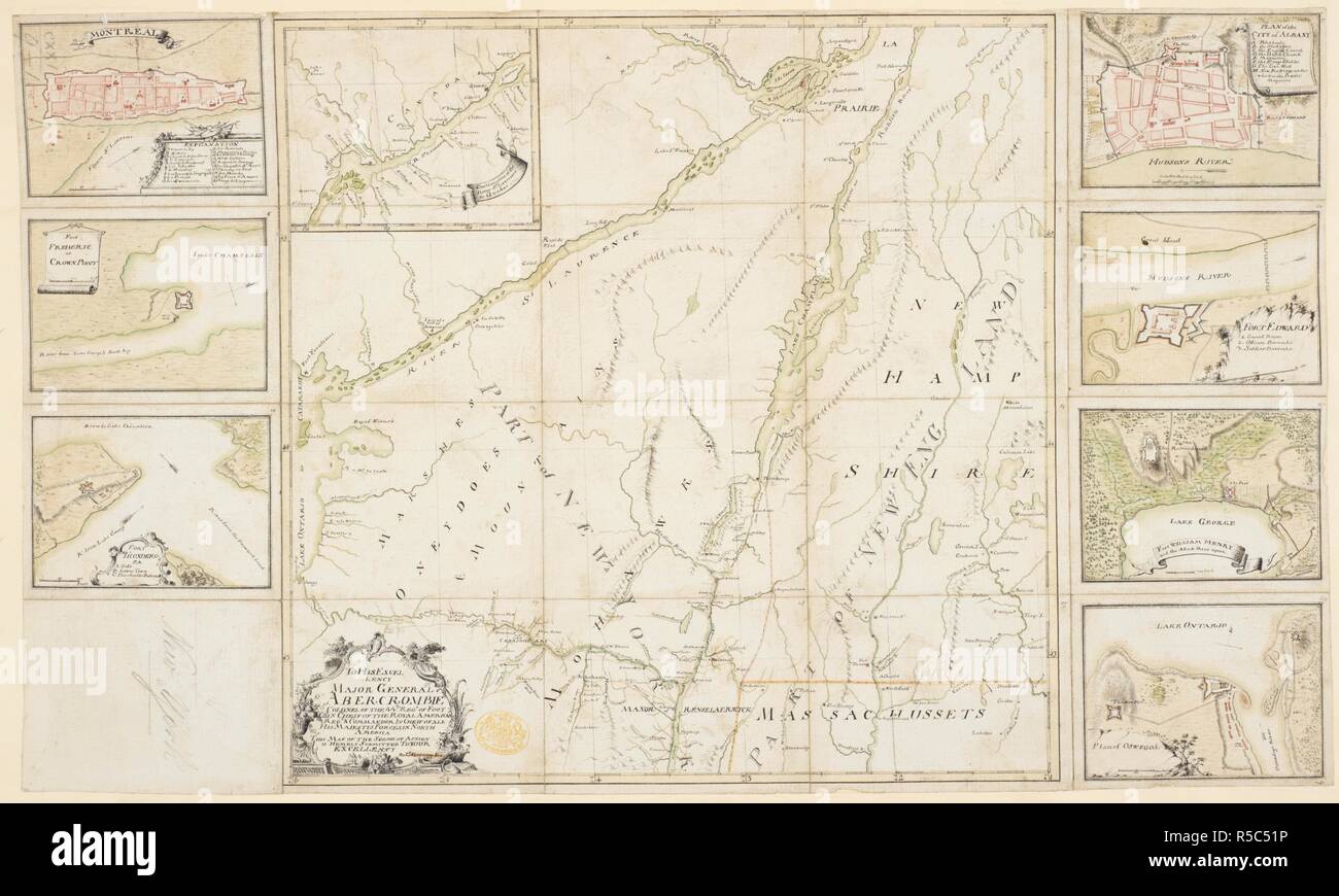 Eine Karte des Staates New York, mit sieben zusätzliche Pläne von Festungen und Städte. An Seine Exzellenz MAJOR GENERAL ABERCROMBIE OBERST DES 44. REG: T FUSS CO: IN CHIEF DER ROYAL AMERICAN REG: & OBERBEFEHLSHABER ALLER SEINER MAJESTYS KRÄFTE IN NORDAMERIKA DIESE KARTE DER Schauplatz des Geschehens ist demütig Eure Exzellenz eingereicht. [?] New York: Von T.Ë¢ Abercrombie Kapitän, [zwischen 1757 und 1759.]. Manuskript Feder und Tusche mit Aquarell. Quelle: Karten K. Top. 121.9.1. Sprache: Englisch. Stockfoto