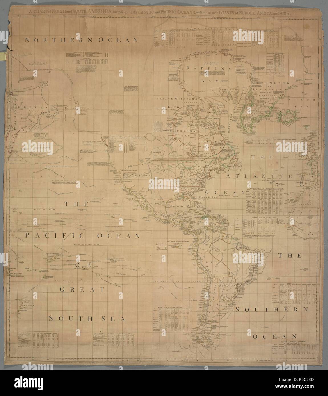 Ein Diagramm, in Nord- und Südamerika. Ein Diagramm, in Nord- und Südamerika, einschließlich den Atlantischen und den Pazifischen Ozean, mit dem nächstgelegenen Küsten von Europa, Afrika und Asien. [London]: Veröffentlichen "nach dem Gesetz des Parlaments Feb 19. 1753 von T. Jefferys Geograph an Seine Königliche Hoheit der Prinz von Wales an der Ecke St. Martins Lane Charing Cross, [1753]. Quelle: Karten K. Top. 118.17.2 TAB. Sprache: Englisch. Stockfoto