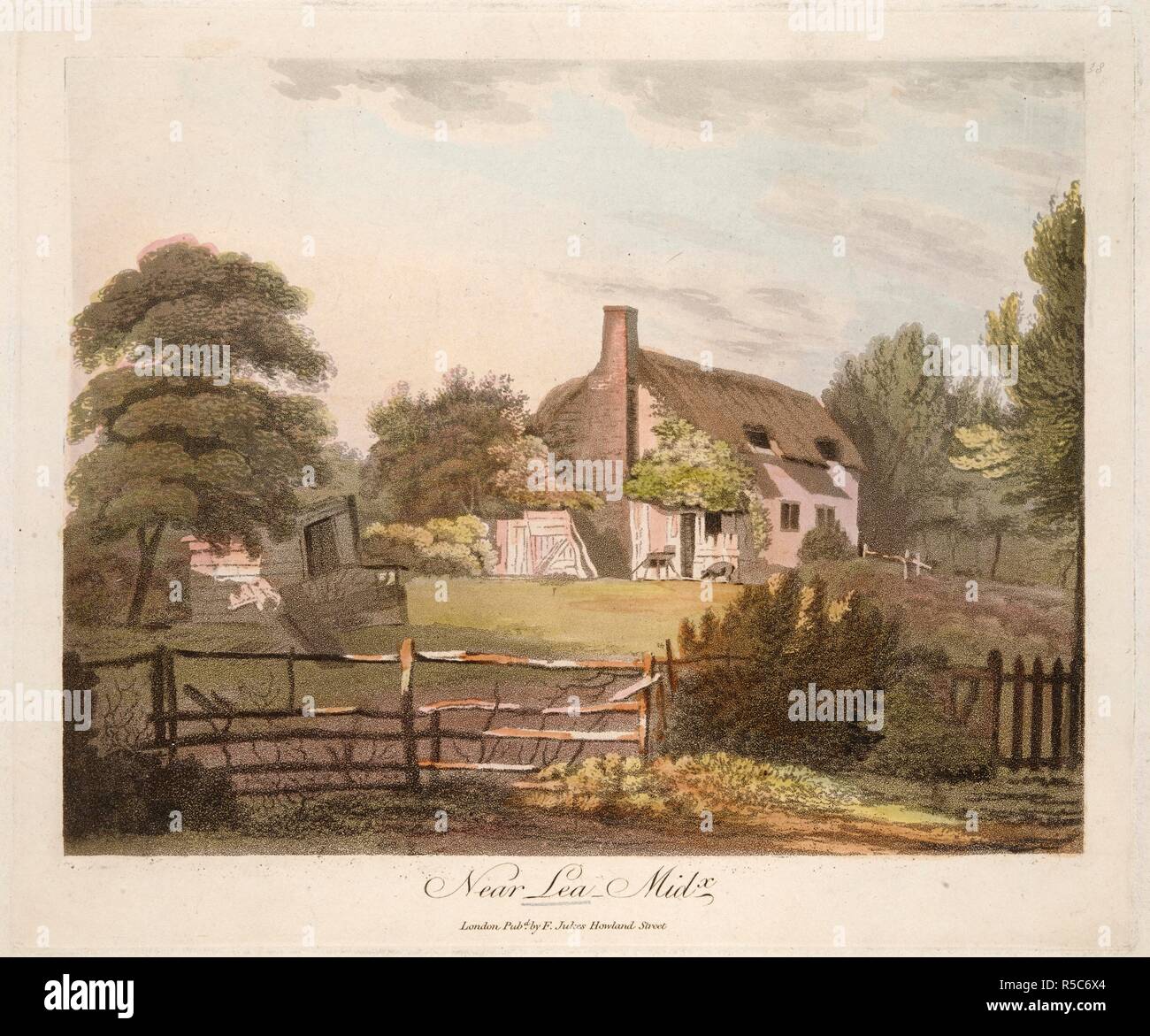In der Nähe von Lea, Middlesex. Ein reetdachhaus umgeben von Bäumen; ein grüner Rasen und Zaun vor; eine Halle auf der linken Seite. . In der Nähe von Lea, Middlesex. London: Pubd von F. Jukes Howland Street, [zwischen 1777 und 1812]. 1 Drucken: aquatinta mit hand-Färbung; Platte 18,8 x 22,4 cm, Blatt 23,7 x 32,5 cm. Quelle: Karten K. Top. 30.9. Stockfoto