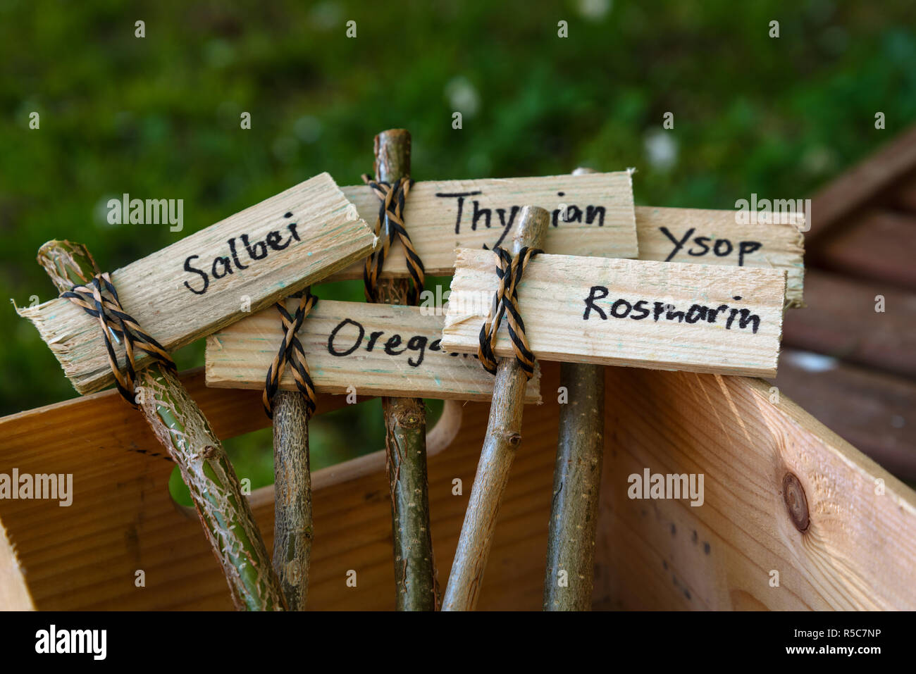 Kreative Holz Anlage Marker Mit Deutschen Namen Fur Salbei Oregano Thymian Rosmarin Und Ysop Fur Die Landliche Krautergarten Beschriftet Ausgewahlte Konzentrieren Stockfotografie Alamy