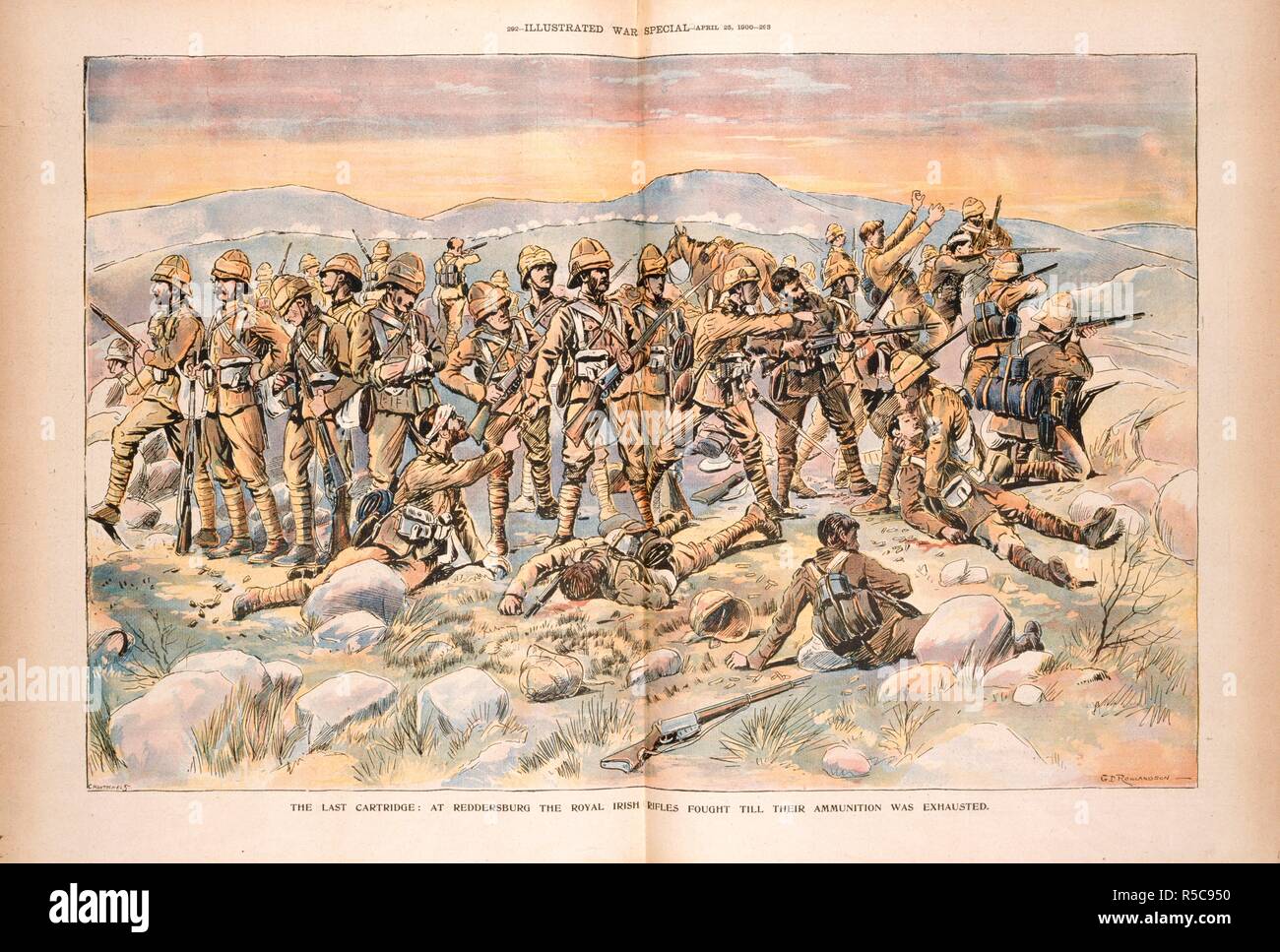 Niederlage bei Reddersburg. Illustrierte Krieg besonderes. London, 25. April 1900. Die letzte Patrone. Bei Reddersburg der Royal Irish Rifles kämpften, bis ihre Munition erschöpft". Eine Schlacht während der burenkrieg. Bild aus Illustrierten Krieg besonders berücksichtigt. Ursprünglich veröffentlicht in London produziert, 25. April 1900. . Quelle: Colindale, 282-283. Sprache: Englisch. Autor: Hentschell, C. Rowlandson, G. D. Stockfoto