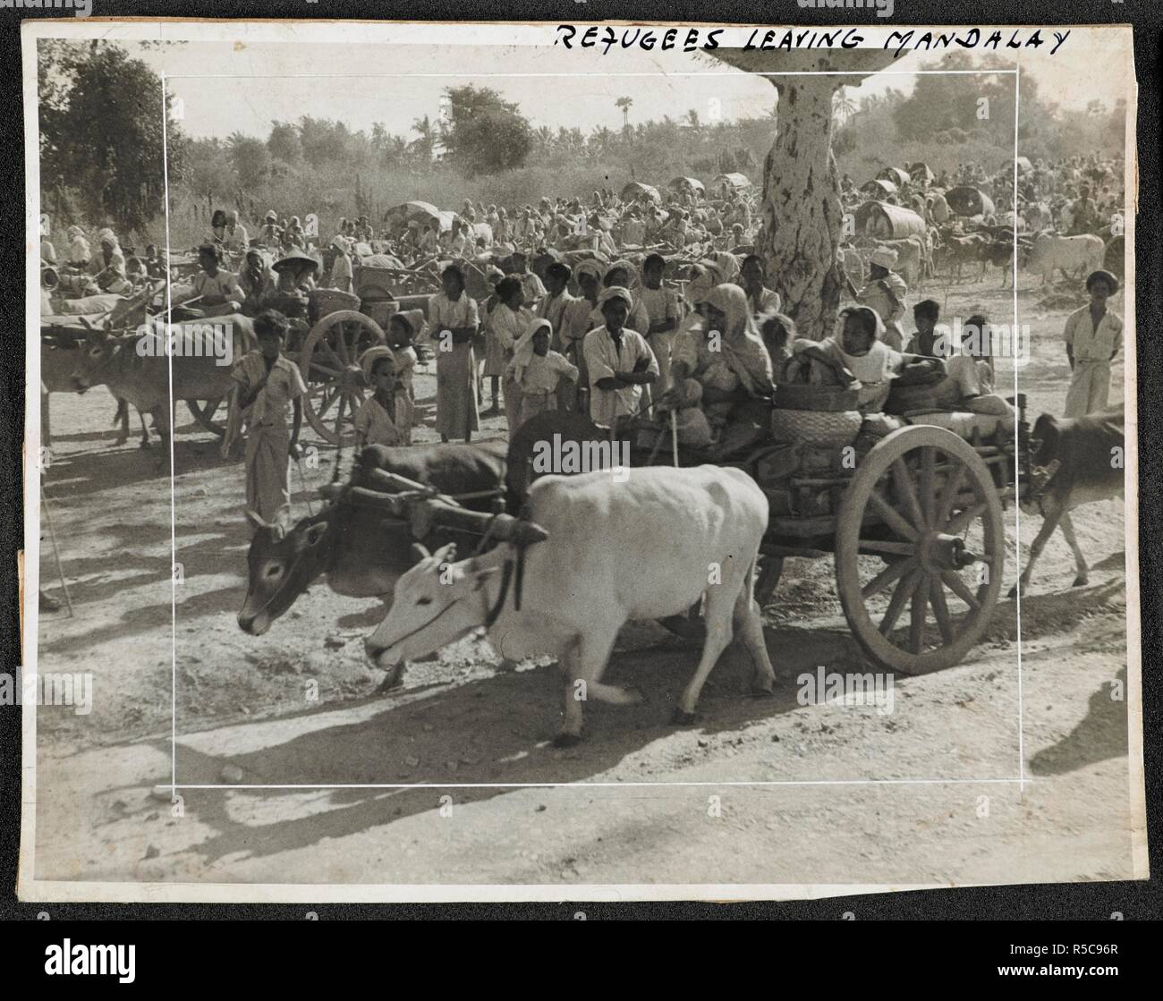 Flüchtlinge Mandalay verlassen. Massen auf der Straße (zu Fuß und auf ochsenkarren). Mit dem Kupieren Markierungen auf den mittleren Abschnitt der drucken. Sonstiges Fotos von Indien und Burma. c. 1942. Silbergelatineabzug, 200 x 154 mm. Quelle: Foto88/2 (14). Sprache: Englisch. Autor: Unbekannt. Stockfoto