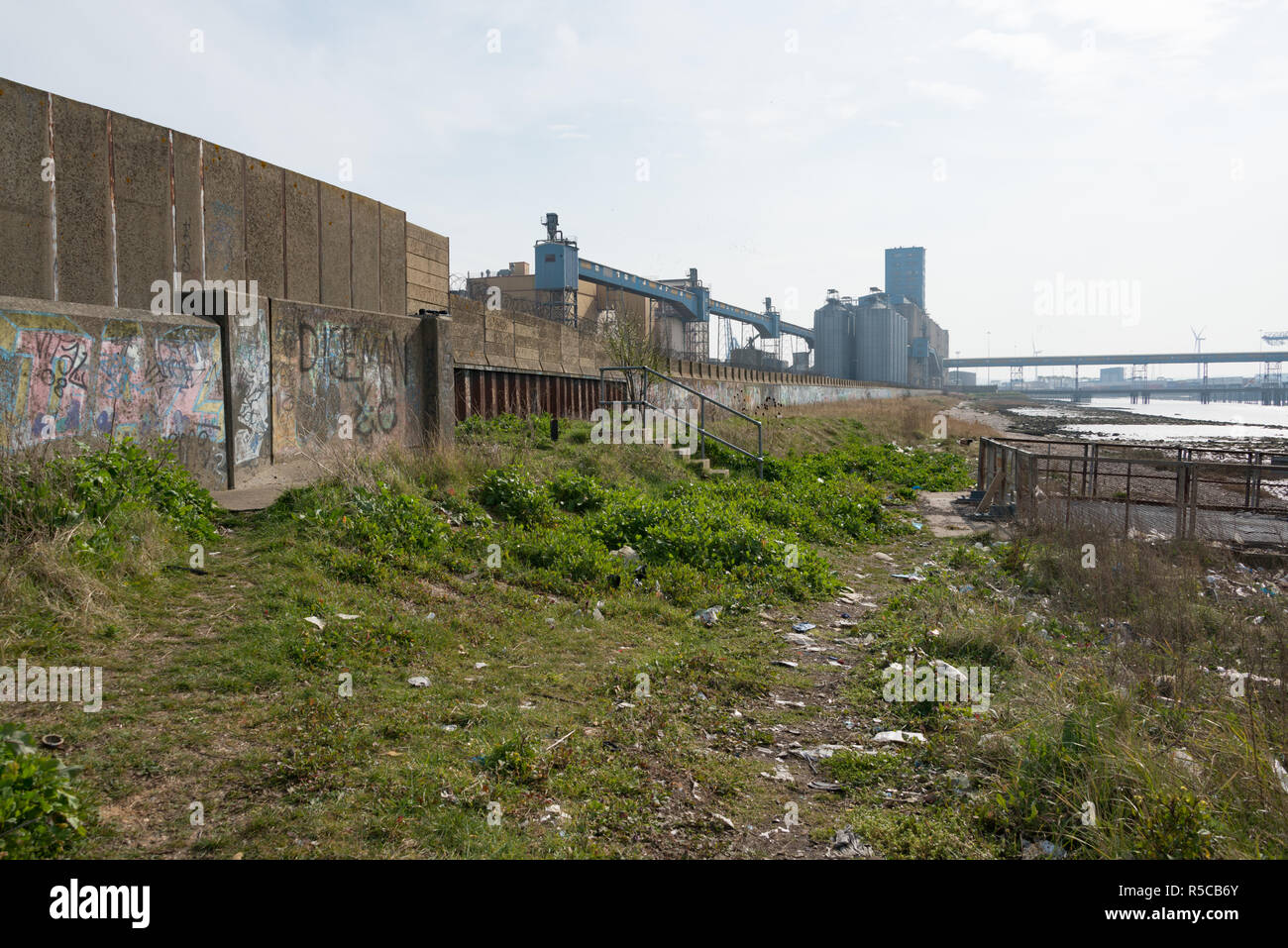 Müll verstreut auf dem Gras von der Themsemündung in Grays, Essex mit dem Allied Mills Gebäude hinter gesehen Stockfoto