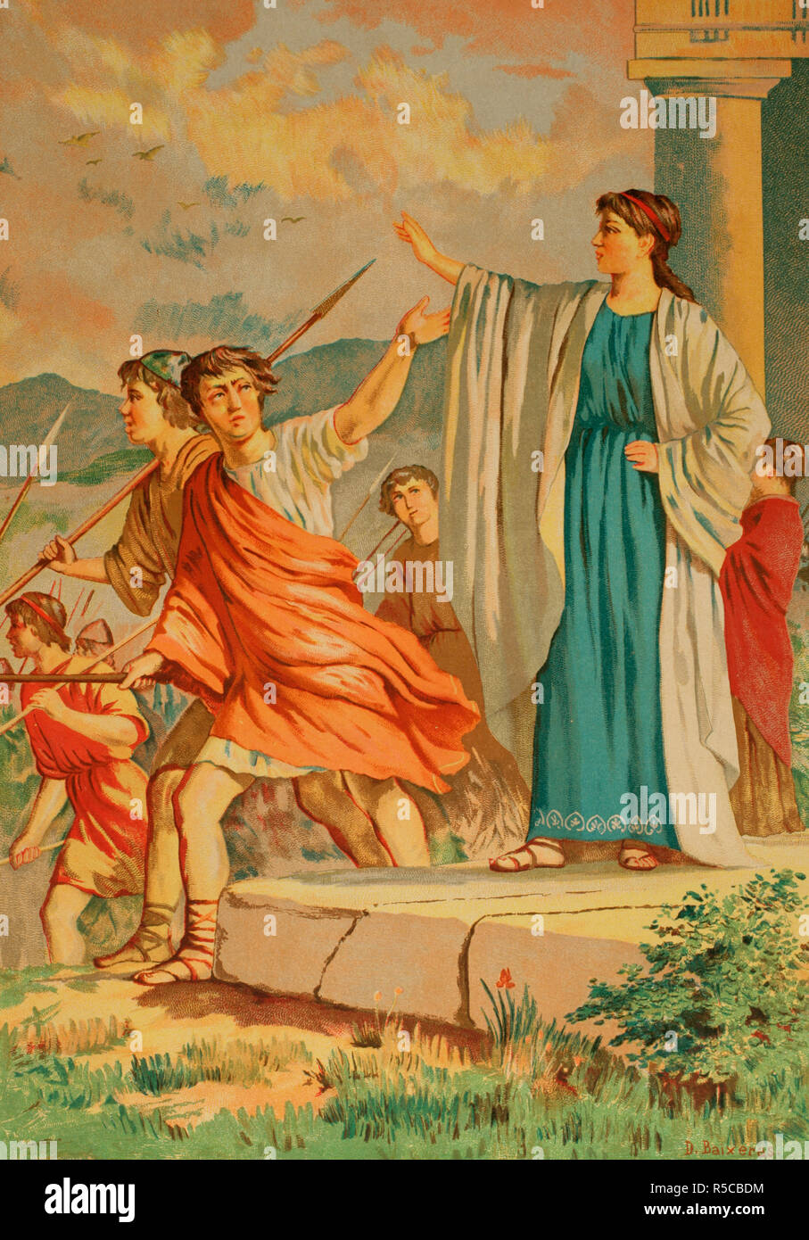 Griechenland. Antike Sparta. Spartan Frau Abschied von ihrem Sohn, der in den Krieg zieht. Zeichnung von Dionisio Baixeras (1862-1943). Chromolithography. La Civilizacion (der Zivilisation), Band II, 1881. Stockfoto