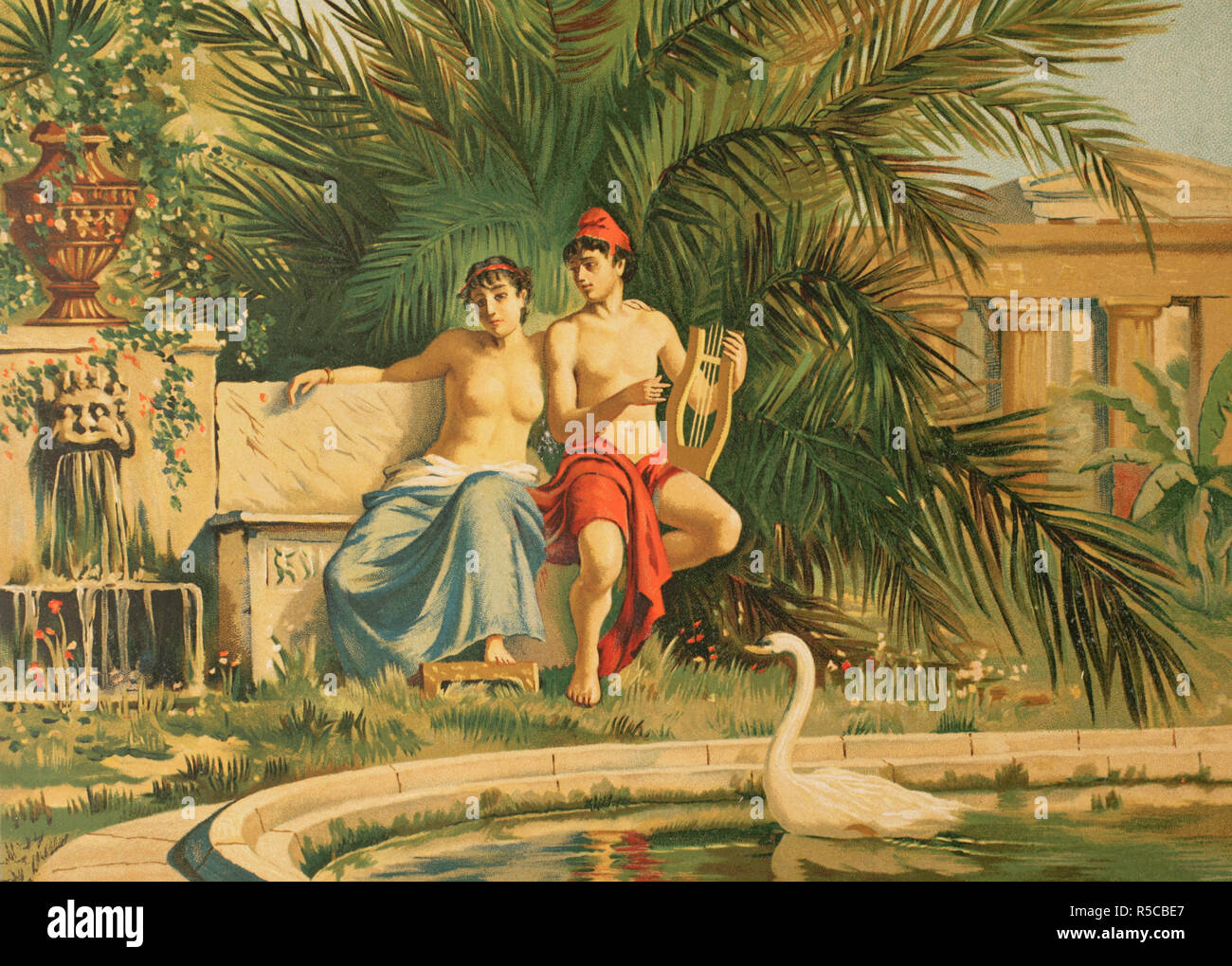 Der griechischen Mythologie. Trojanischen Krieg. Paris und Helen (Ehemann von Menelaus, König von Sparta). Chromolithography. La Civilizacion (der Zivilisation), Band II, 1881. Stockfoto Der griechischen Mythologie. Trojanischen Krieg. Paris und Helen (Ehemann von Menelaus, König von Sparta). Chromolithography. La Civilizacion (der Zivilisation), Band II, 1881. Stockfoto
