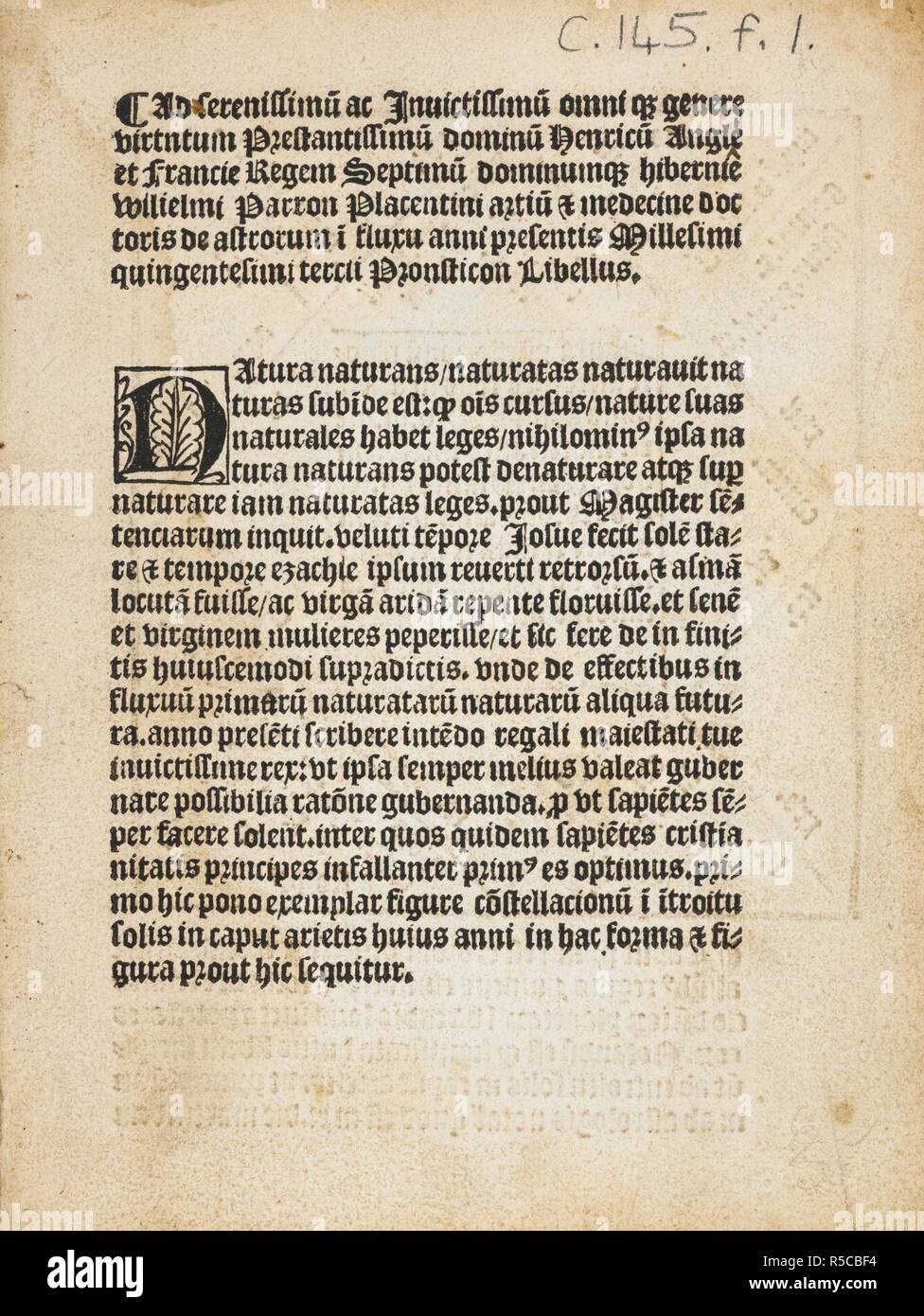 Prognose für 1503. Beginnen. Ad serenissimuÌ "ac"... InuictissimuÌ HenricuÌ dominuÌ" "Winkel et Francie Regem... Wilielmi Parron... anni presentis millesimi quingentesimi tercii pronsticon [sic] Klageschrift. [London: Richard Pynson], 1502. Quelle: C 145. w.1, Titelseite. Stockfoto