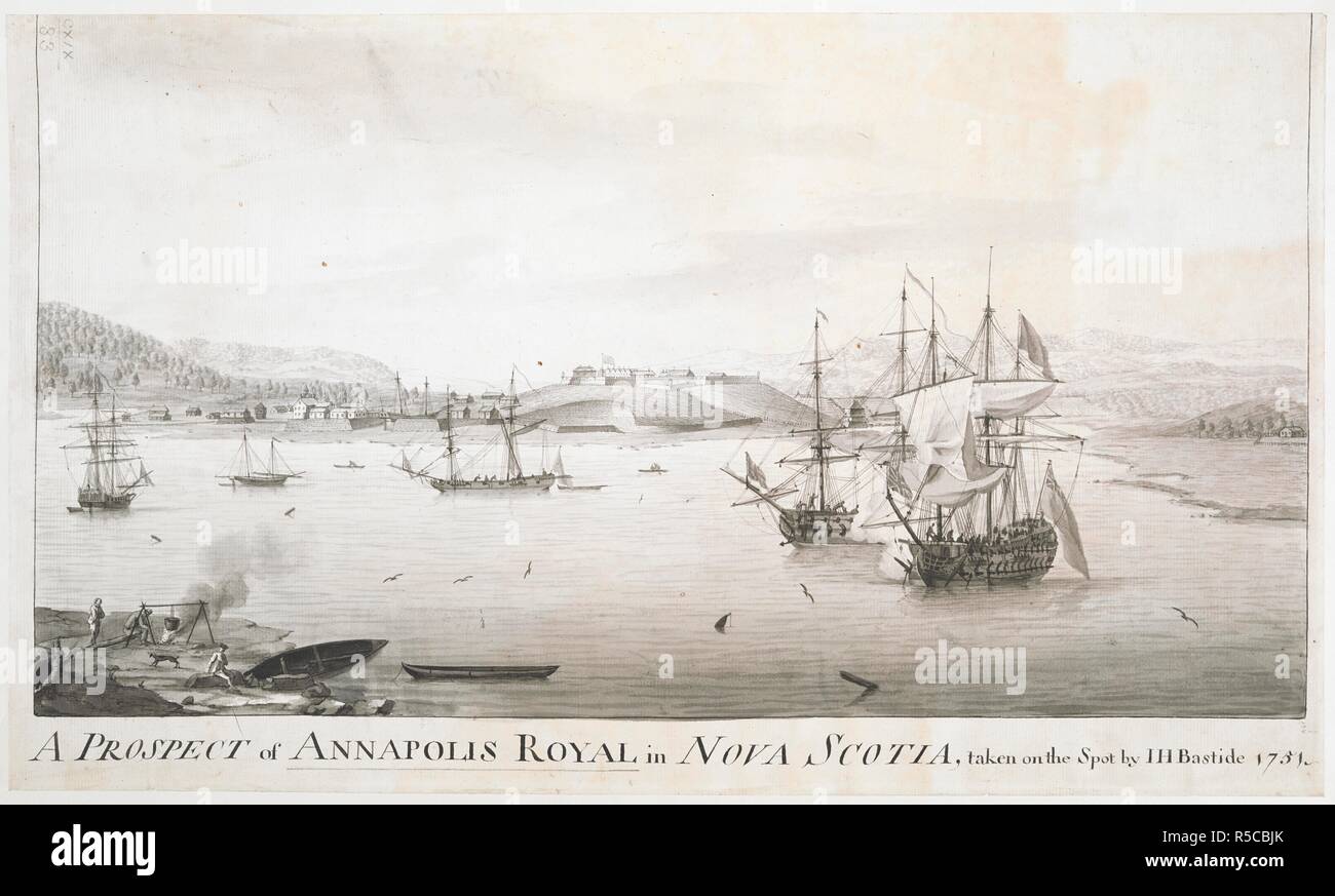 Ein Blick auf das Fort in Annapolis Royal; Zahlen und ein Hund durch einen Brand in der unteren linken Ecke; Schiffe auf dem Wasser; Bäume in der Ferne. Eine Perspektive von Annapolis Royal Nova Scotia. 1751. Feder und Tinte schwarz mit monochromen waschen. Quelle: Karten K. Top. 119.83. Sprache: Englisch. Stockfoto