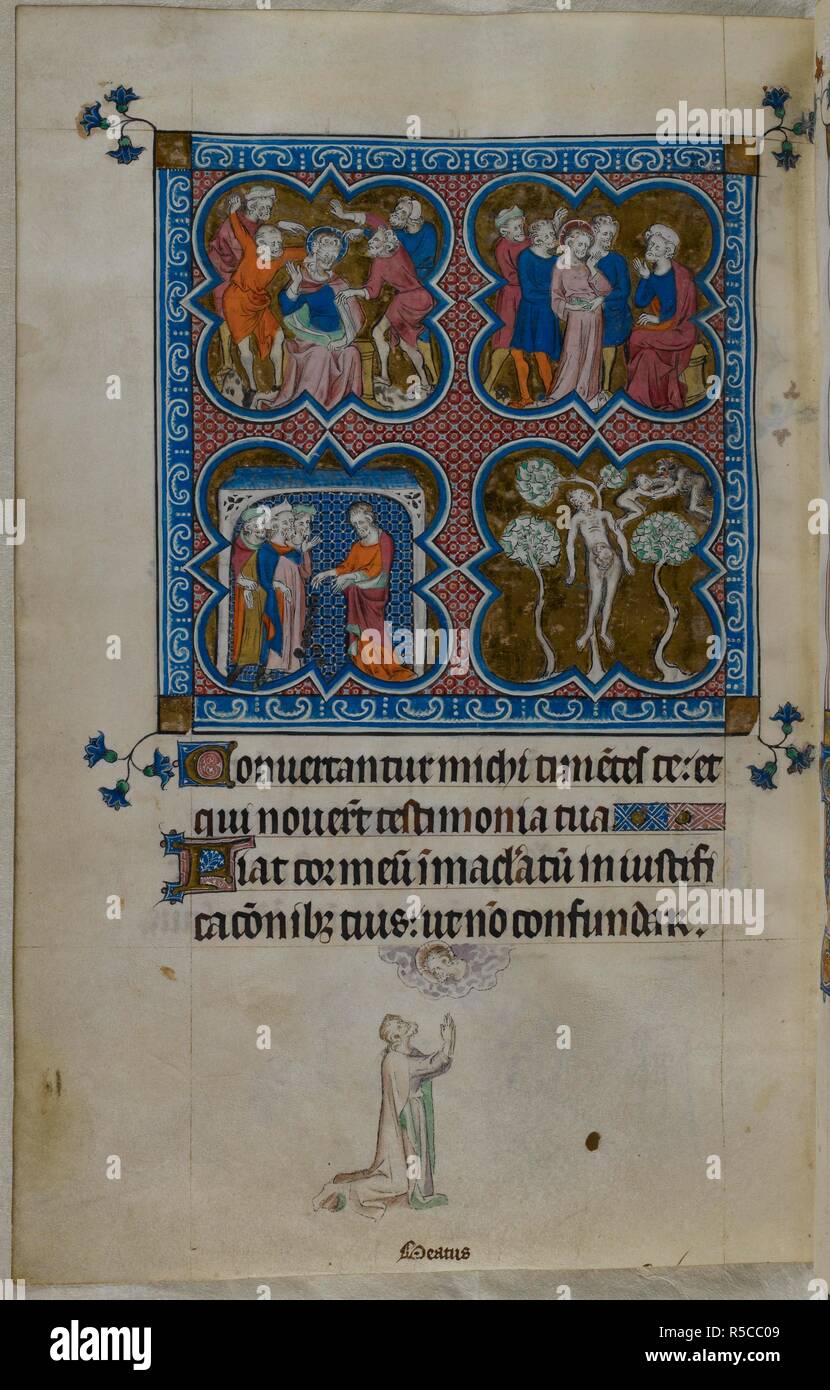 Miniatur mit vier Szenen in quatrefoils, mit (oben links) Verhöhnung von Christus, (rechts oben), Christus vor Pilatus, (unten links) Judas werfen Sie die dreißig Silberlinge und (unten rechts) Judas hängen sich selbst und ein Teufel seine Seele. Ein Bas-de-Seite Szene von James die Weniger beten unter einer Wolke mit Christus. Psalter (die "Queen Mary Psalter"). England (London/Westminster oder East Anglia?); zwischen 1310 und 1320. Quelle: Royal 2 B VII, w.248 v. Sprache: Latein, mit französischen Bildunterschriften. Stockfoto Miniatur mit vier Szenen in quatrefoils, mit (oben links) Verhöhnung von Christus, (rechts oben), Christus vor Pilatus, (unten links) Judas werfen Sie die dreißig Silberlinge und (unten rechts) Judas hängen sich selbst und ein Teufel seine Seele. Ein Bas-de-Seite Szene von James die Weniger beten unter einer Wolke mit Christus. Psalter (die "Queen Mary Psalter"). England (London/Westminster oder East Anglia?); zwischen 1310 und 1320. Quelle: Royal 2 B VII, w.248 v. Sprache: Latein, mit französischen Bildunterschriften. Stockfoto