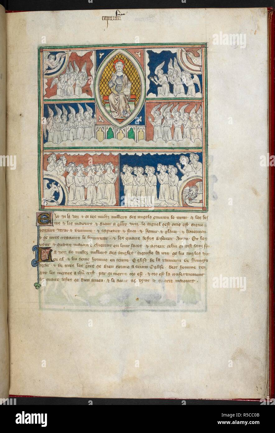 Oben, in einer mandorla zwischen vier Gruppen von sechs Engel, Gott thront: unten, zwei Gruppen von vierzehn knienden Figuren: die Tiere in den Ecken. Apokalypse (die "Queen Mary Apocalypse"). England, S.E. (London), oder East Anglia. Im ersten Quartal des 14. Jahrhunderts. Die illuminationen gehören 73 Miniaturen in Farben und Gold. Dekoration: Initialen in gold auf blau und rosa Grundstück mit penwork Dekoration in Weiß, einige mit marginalen Erweiterungen bilden teilweise Grenzen. Paraphs in Rosa oder Blau. Guide die Buchstaben für die Initialen sind sichtbar. Siehe Katalog für Hinweise auf mögliche Künstler (im Streitfall). Sauer Stockfoto