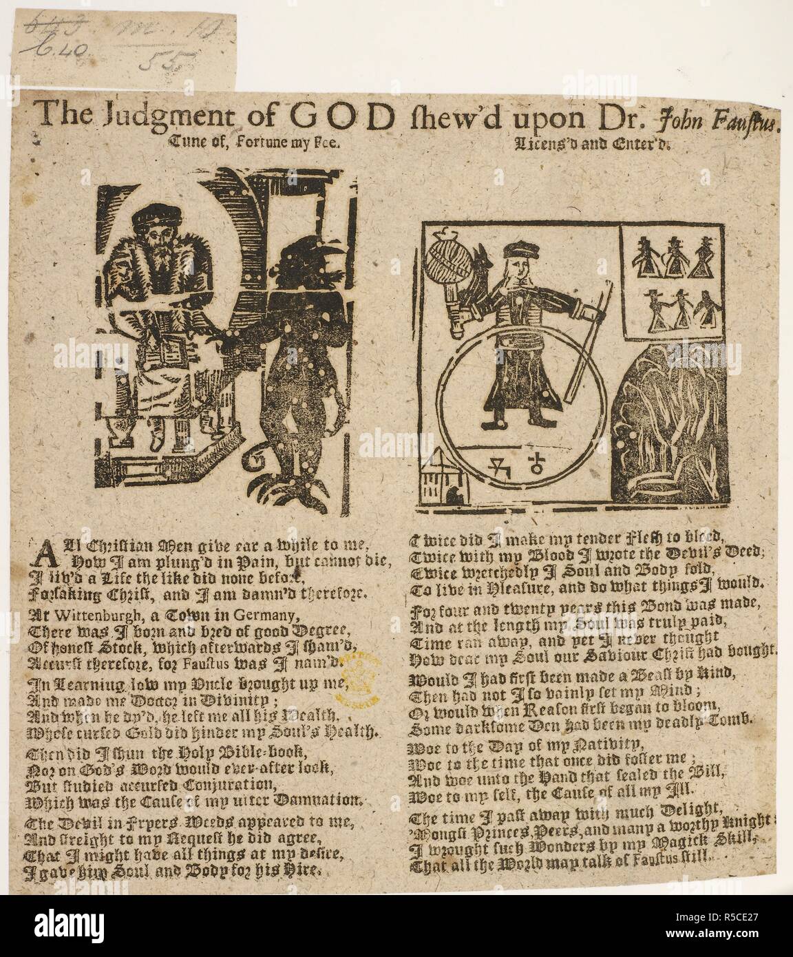 Gedruckte Ballade und Holzschnitt Abbildung, die die Geschichte von Dr. Johannes Faustus. Das Gericht Gottes shewâ €™ d auf Dr. Johannes Faustus. [Eine Ballade.]. London, [1670?]. Quelle: C.40. m. 10. (55). Sprache: Englisch. Thema: Faust, Johann. Stockfoto