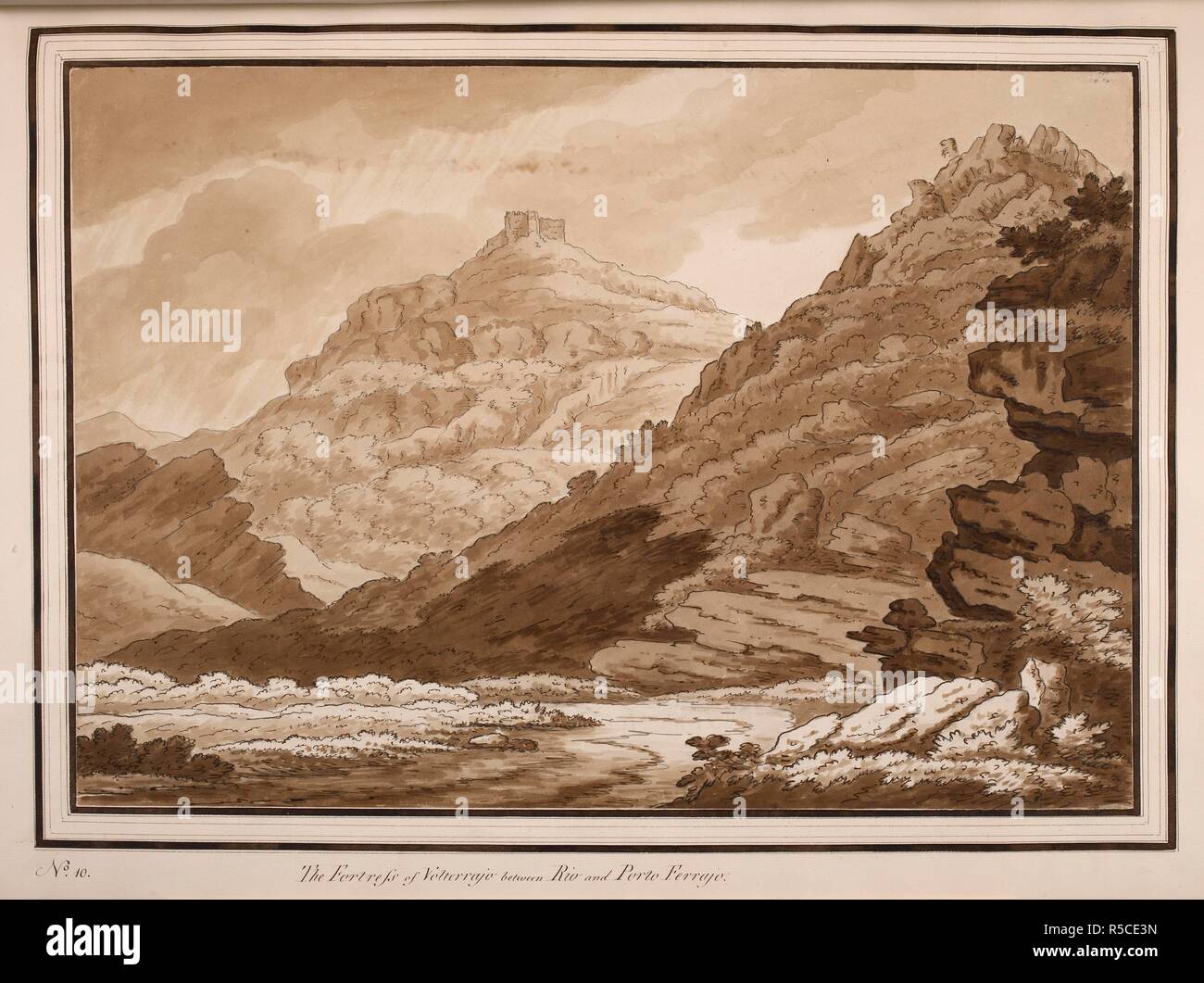 "Die Festung von Volterrajo zwischen Rio und Porto Ferrajo'. Zeitschrift für eine Tour durch die Insel Elba, 26. April - 5. Mai 1789, von Sir Richard Colt Hoare, 2 Bart., Stourhead, der Wiltshire Antiquar und Archäologe, durch eine Karte der Insel eingeleitet und durch 32 sepia waschen Skizzen, Letztere (außer Nr. 1, 14) bezeichnet wird und von Hoare auf der Rückseite unterschrieben. Die Band wurde im Jahre 1793 geschrieben und wurde 1814 veröffentlicht. Quelle: Hinzufügen. 41761 f 38 Nr. 10. Stockfoto