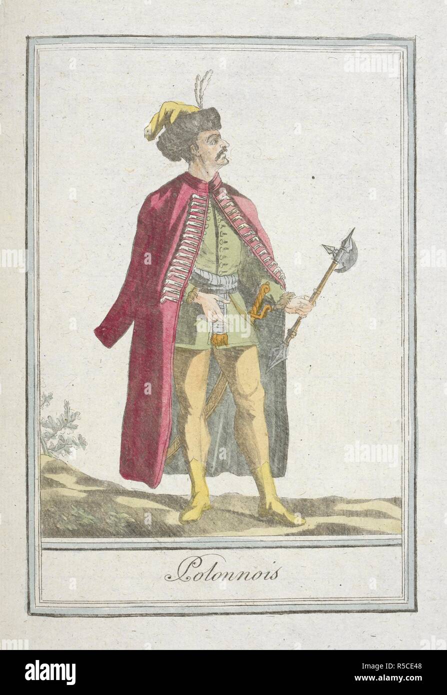 Polonnois. Ein polnischer Mann. EncyclopeÌdie des Voyages, Contenant l'abreÌgeÌ Historique de mÅ" Urs ...de tous les peuples et la collection complette de leurs habillemens civils, Militaires, dignitaires religieux et, d'dessineÌs apreÌ € s Natur,... et colorieÌs aÌ € l'Aquarelle. Paris, 1796. Quelle: 1259) b) 13-17, tom.2 Platte 58. Sprache: Französisch. Autor: GRASSET DE SAINT-SAUVEUR, Jacques. Stockfoto