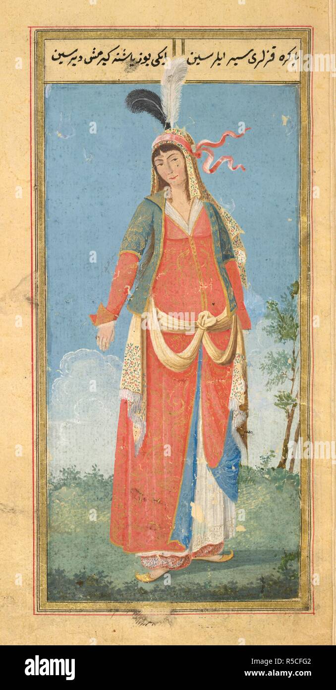 Persische Frau. (Zenanname "Buch der Frauen"). 1776-1777. Persische Frau,  Tragen eines Kleid mit Federn, ein blau Kurzarm offene Jacke über einem  roten Gewand. Weite Hose, kusak und gold Hausschuhe. Bild aus Zenanname