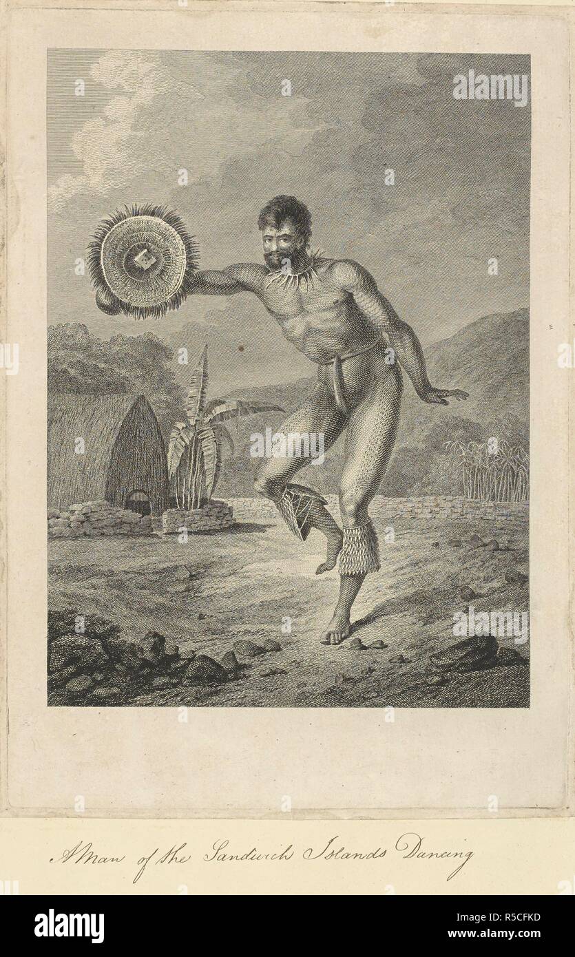 Ein Mann der Sandwich Inseln tanzen. Von John Webber gezeichnet und von Charles Grignion eingraviert. Eine Szene in Hawaii 1778. Ein Mann mit tätowierten Armen und Beinen hält eine kreisförmige feather-shield umrandete in seiner rechten Hand. Um den Hals ist Seegras und er hat Zähne des Hundes Leggings unter die Knie gelegt. Er tanzt. Im Hintergrund ist ein Teil eines Hauses, mit einer niedrigen Mauer aus Stein und eine Banane Palm. Eine Sammlung von Zeichnungen von A. Buchan, S. Parkinson, und J. F. Miller, in den Ländern, besucht von Captain James Cook auf seiner ersten Reise [1768-1771], auch der Drucke in John's Hawksworth Vo veröffentlicht. Stockfoto