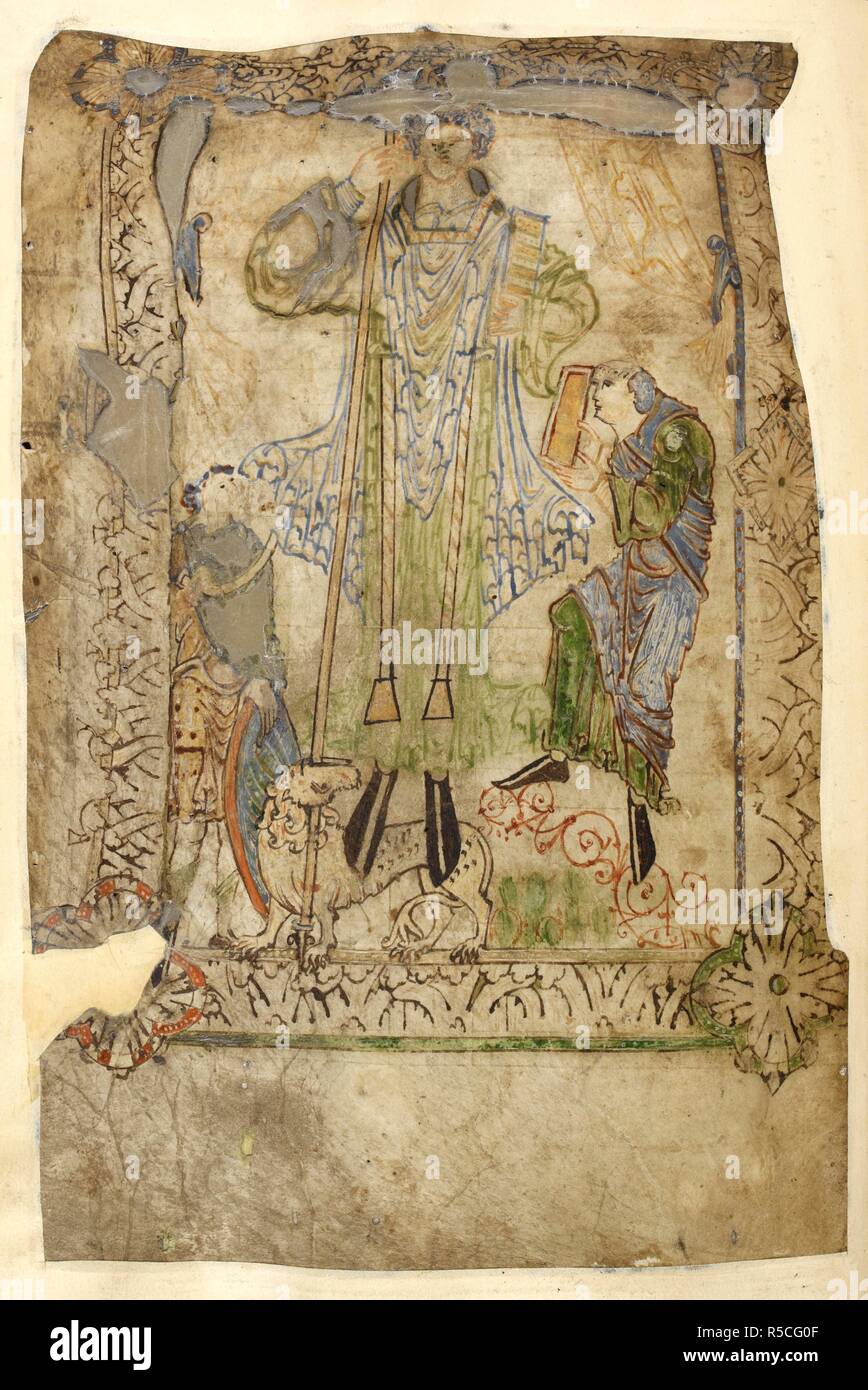 Abbildung Zurückführte das Inhaltsverzeichnis. In der Mitte, eine monumentale Figur eines kirchlichen, in Grün amice gekleidet, Blau und Rot kasel Stola, hält einen Speer in der Rechten und ein Buch in der Linken, und steht auf einem Löwen, den Speer beißt. Er wird von zwei kleineren Figuren flankiert; ein Soldat mit einem runden Schirm und Blättern, und ein Mönch mit einem Buch; es gibt zwei gelbe Vorhänge beiseite im Hintergrund gezogen. Die Zahlen werden durch eine "Winchester" Grenze von acanthus Dekoration mit Ecke Bosse umgeben. Alte englische Kräuter. Christus Kirche, Canterbury; frühe 11. Jahrhundert. Quelle: C Stockfoto
