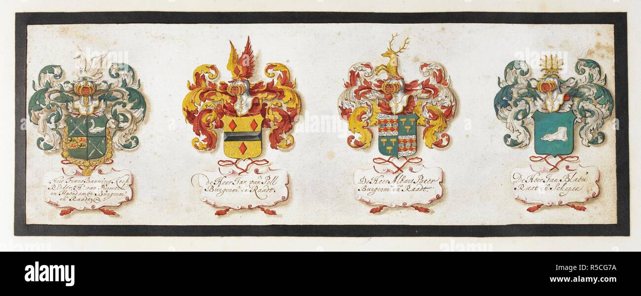 [Ganze folio] Wappen der vier Meister des Handbow Unternehmen in Amsterdam; Frans Banning, Jan Van Poll, albart Pater und Jan Blaeu. Arme der Meister des Handbow Unternehmen in Amsterdam. N. Niederlande [Amsterdam]; erste Hälfte des 17. Jahrhunderts. Quelle: Egerton 983, f 5. Sprache: Holländisch. Stockfoto