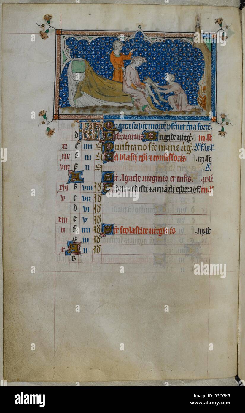 Miniatur der Begleiter helfen, eine sitzende Mann vor einem prasselnden Feuer, aus einem Kalender Seite für Februar zu kleiden. Psalter (die "Queen Mary Psalter"). England (London/Westminster oder East Anglia?); zwischen 1310 und 1320. Quelle: Royal 2 B VII, w.72 v. Sprache: Latein, mit französischen Bildunterschriften. Stockfoto