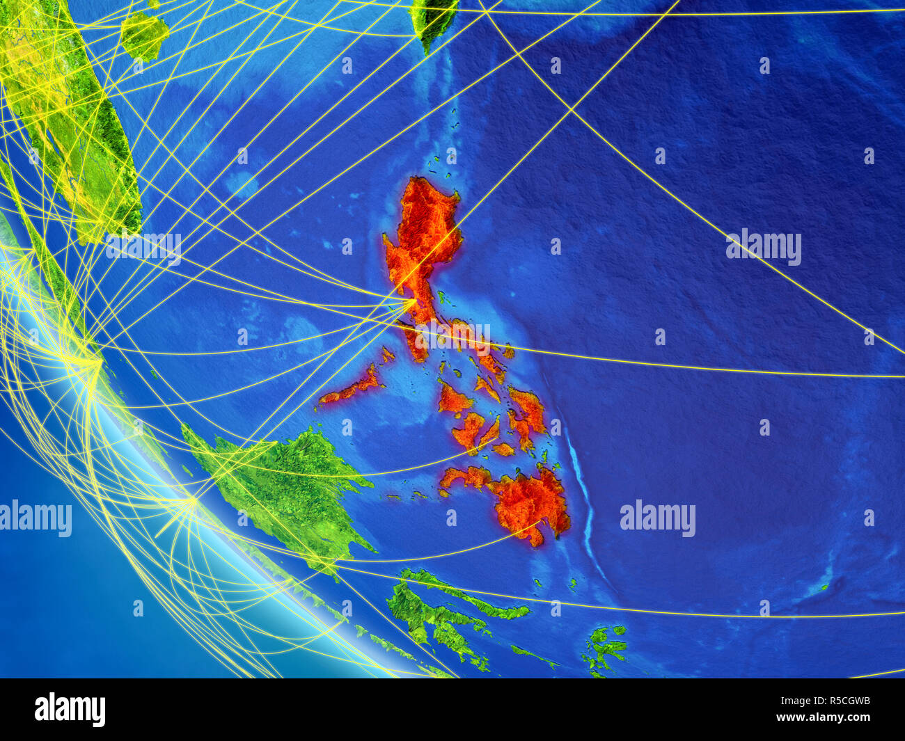 Philippinen auf dem Planeten Erde aus dem Weltraum mit Netzwerk. Konzept der internationalen Kommunikation, Technik und Reisen. 3D-Darstellung. Elemente dieser Stockfoto