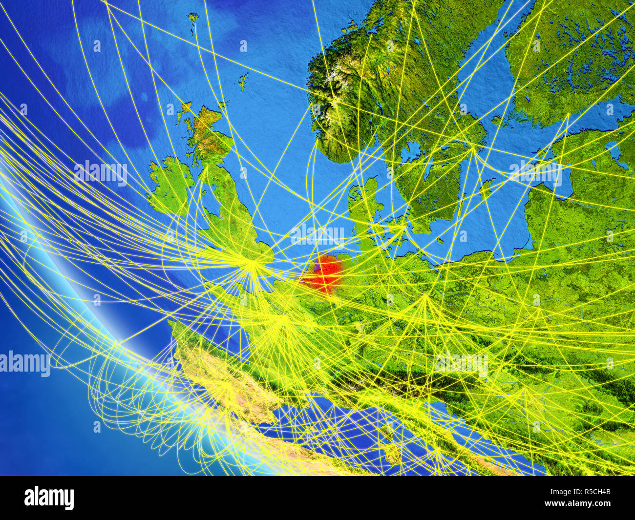 Niederlande auf dem Planeten Erde aus dem Weltraum mit Netzwerk. Konzept der internationalen Kommunikation, Technik und Reisen. 3D-Darstellung. Elemente dieser Stockfoto
