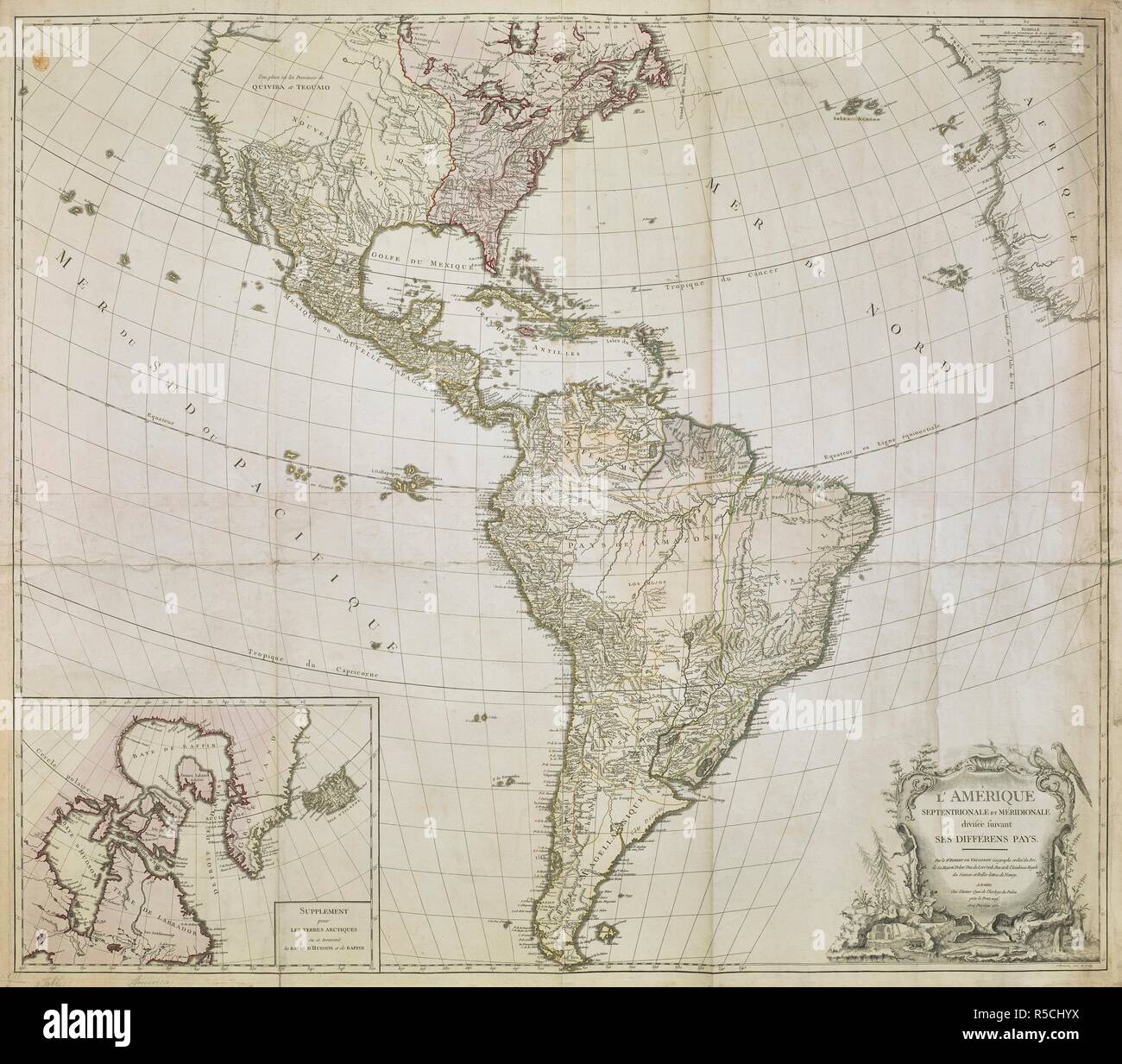 Eine Karte von Nord- und Südamerika. Inset unten links ist eine Karte von arktischen Nordamerika einschließlich der Hudson Bay und Baffin Bucht. L'AMÃ‰RIQUE SEPTENTRIONALE ET MÃ‰RIDIONALE divisÃ © e suivant SES DIFFÃ‰ren zahlt. Ein PARIS: ChÃ¨s l'Auteur Quai de l'Horloge du Palais prÃ¨s Le Pont-Neuf. Avec privilÃ©ge, 1767. Quelle: Karten K. Top. 118.20.2 TAB. Sprache: Französisch. Stockfoto