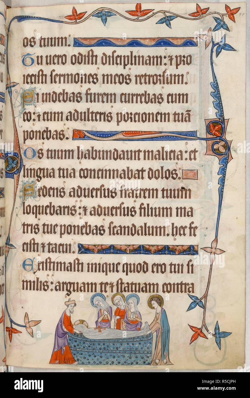 Psalm 49. die Grablegung. Luttrell Psalter. England [East Anglia]; ca. 1325-1335. [Ganze folio] Psalm 49. Grenze Dekoration. In der unteren Marge, dem Leib Christi, mit Nimbus intakt, ist in einer Verkleidung mit einer St George Kreuz auf seiner Brust gewickelt. Er ist in einem marmornen Grabmal von Joseph von Arimathia in eine Zipfelmütze, und Johannes; die drei Maries stehen hinter dem Grab Bild von Luttrell Psalter entnommen. Ursprünglich veröffentlicht in England [East Anglia] hergestellt; ca. 1325-1335. . Quelle: Hinzufügen. 42130, f 95. Sprache: Latein. Stockfoto