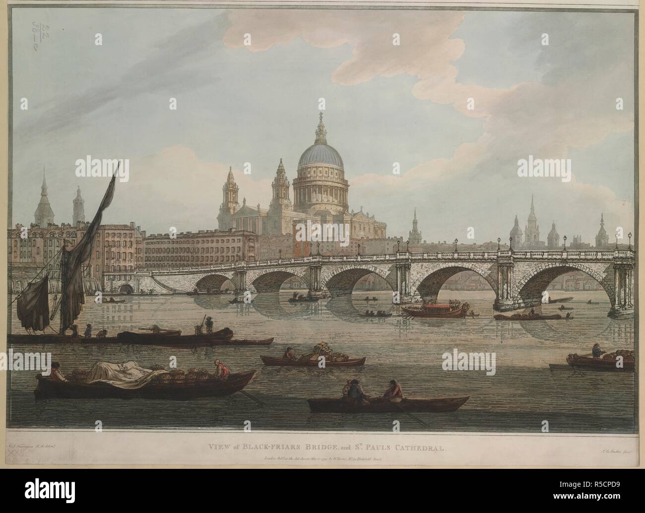 Blick von der Themse aus der Blackfriars Bridge, mit St. Paul's darüber hinaus; eine Anzahl von Booten im Vordergrund, einige beladen mit Waren, andere mit Passagieren, ein Schiff in der Nähe der Brücke. Ansicht des schwarzen Brüder Brücke, und der St. Pauls Kathedrale. London: Pubd als Handeln leitet den 31. Mai 1790 von W. Byrne Nr. 79 Titchfield Street., [31. Mai 1790]. Aquatinta und Ätzen mit hand-Färbung. Quelle: Karten K. Top. 22.38. e. Sprache: Englisch. Autor: Stadler, Joseph C. Stockfoto