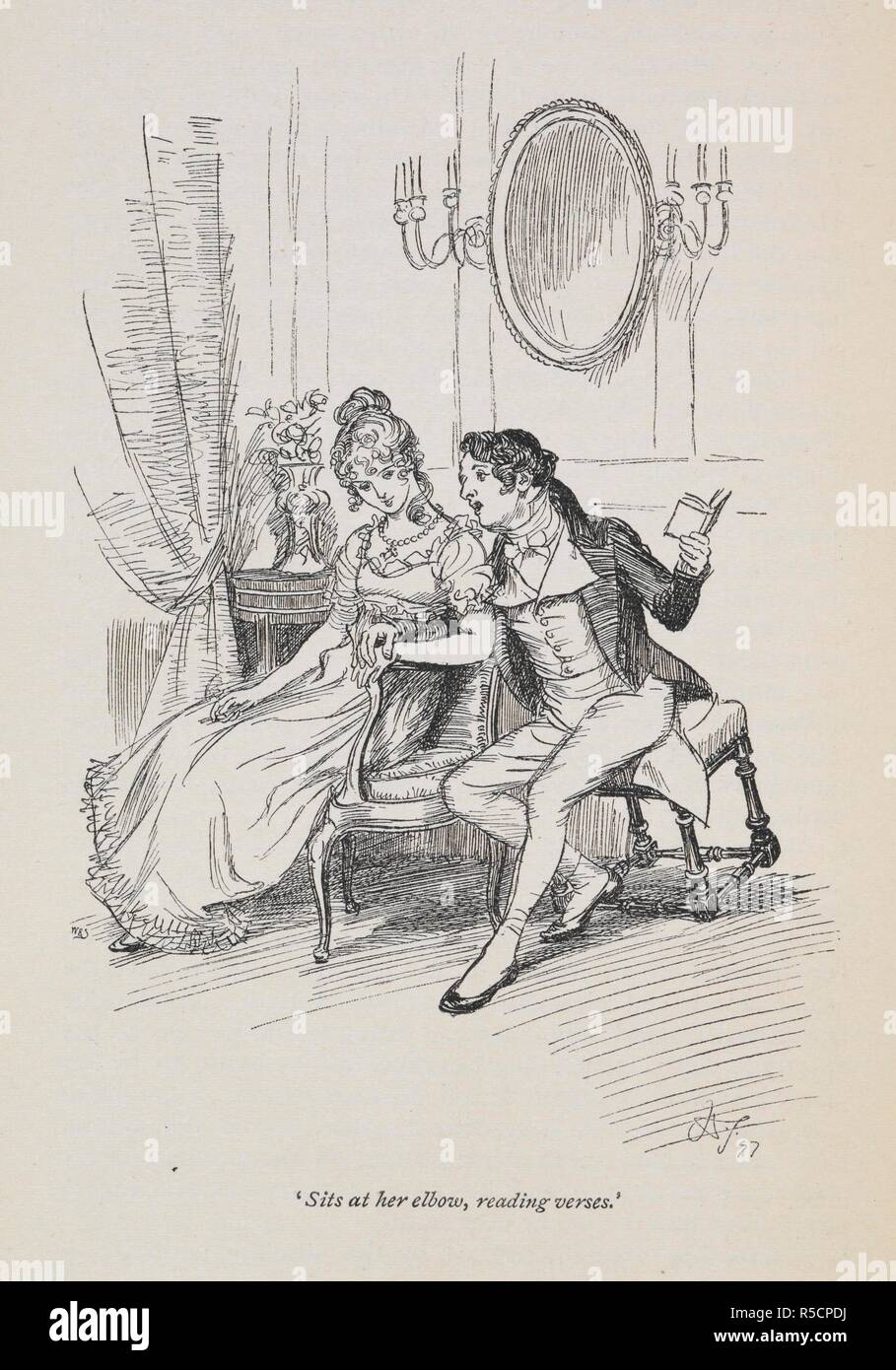 Die an den Ellenbogen, lesen Verse'. Northanger Abbey und Überzeugungsarbeit mit Illustrationen von Hugh Thomson und einer Einleitung von Austin Dobson. London: Macmillan & Co., 1897. Quelle: 012624.ee.28 der gegenüberliegenden Seite 413. Autor: Austen, Jane. Stockfoto