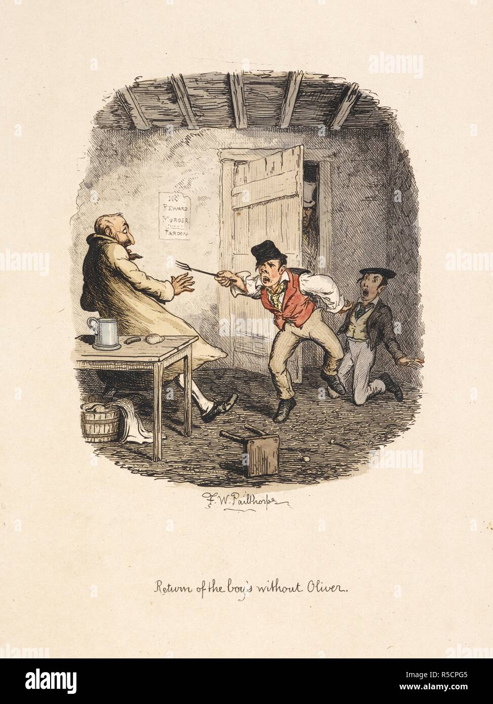 Rückkehr des Jungen ohne Oliver'. Fagin bricht in einer Wut, wenn die Dodger und Charley zurück, ohne Oliver Twist. . Oliver Twist von Charles Dickens. London: Robson & Kerslake, 1885. Quelle: Dex. 312. (2). Stockfoto