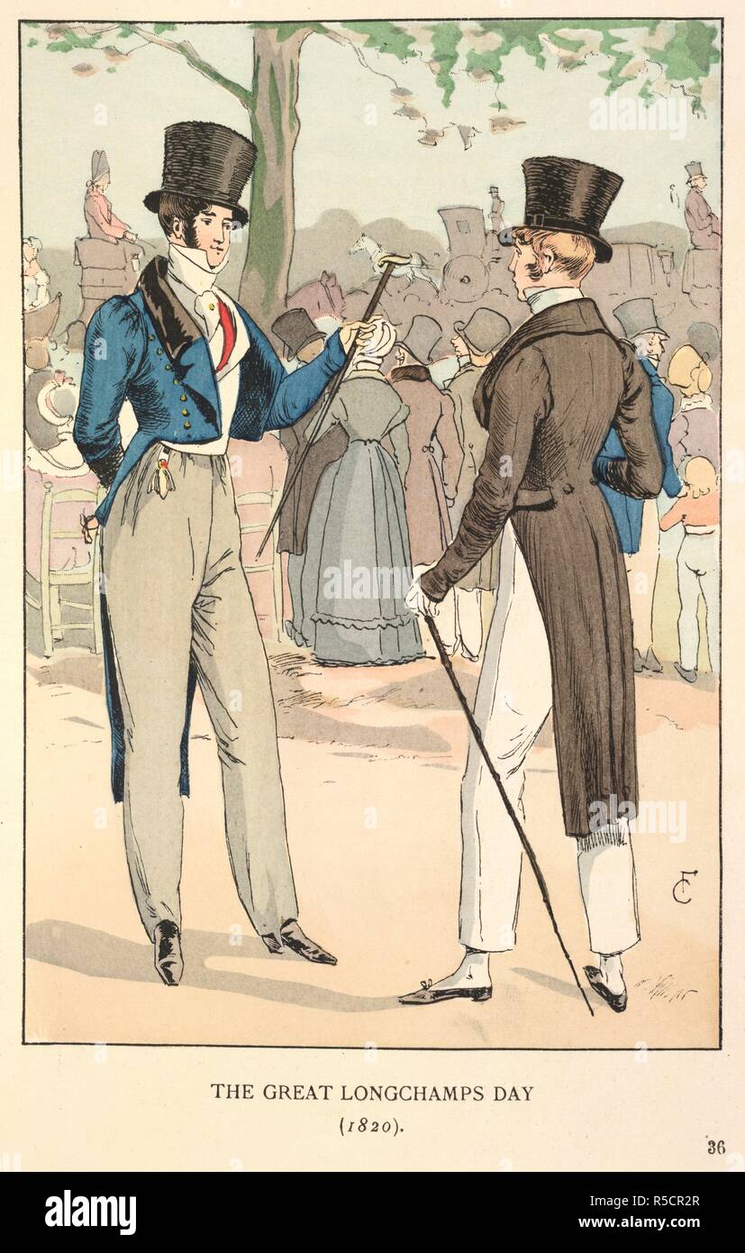 Die große Longchamps Tag. Mode in Paris: Die verschiedenen Phasen des weiblichen t. W. Heinemann: London, 1898. Die große Longchamps Tag (1820). Zwei Herren tragen oben Hüte und langen Jacken; ein, Blau und Braun. Bild von Mode in Paris getroffen: Die verschiedenen Phasen der weiblichen Geschmack und Ã¦ sthetics von 1797 bis 1897 Aus dem Französischen von Lady M. Loyd. Mit hundert Hand Tafeln und zwei hundert und fünfzig text Illustrationen von F. Courboin... Ursprünglich veröffentlichte/in W. Heinemann: London, 1898 produziert. . Quelle: 7746.de.8, Plate 36. Sprache: Englisch. Stockfoto