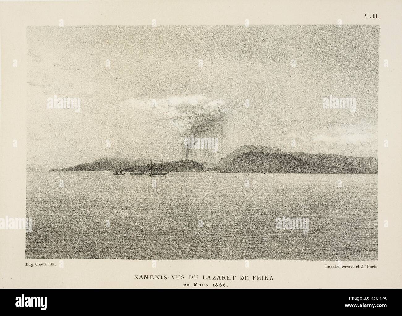 Eine Fernsicht auf eine vulkanische Eruption. Santorin et ses eÌruptions. [Mit lithographierte und phototyped Platten.]. Paris, Corbeil [Druck], 1879. Quelle: 7202.h4, Platte iii Sprache: Französisch. Stockfoto