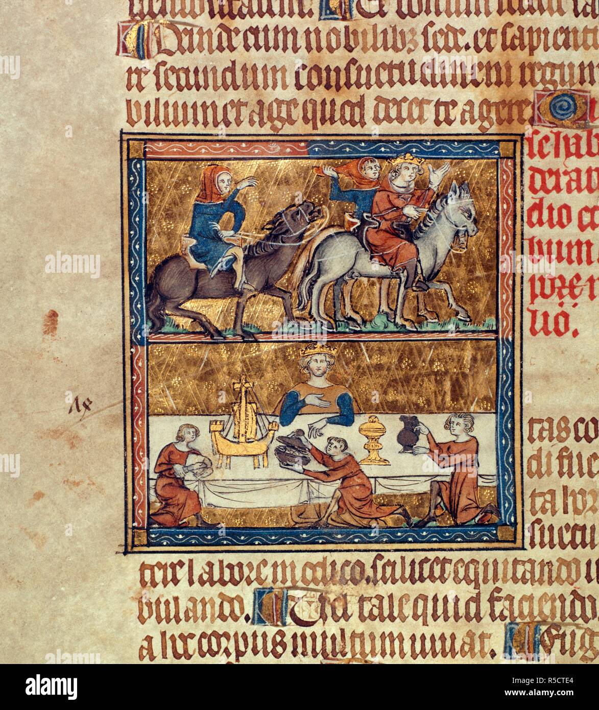 König reiten und am Tisch. De secretis secretorum. London; 1326-1327. (Miniatur nur] nach oben; ein König auf einem weißen Pferd; mit ihm fahren zwei Männer in Hauben. Unter, ein König zu Tisch mit attandants; ein Essen mit einem Messer, einem anderen hält eine silberne Schüssel und hebt den Deckel, und der Dritte hält eine silberne Krug. Auf dem Tisch ist ein gold Schiff auf vier Beinen und einem Gold Cup Bild von De secretis secretorum genommen. Ursprünglich veröffentlicht in London; 1326-1327. . Quelle: Hinzufügen. 47680, f. 60 v. Sprache: Latein. Stockfoto