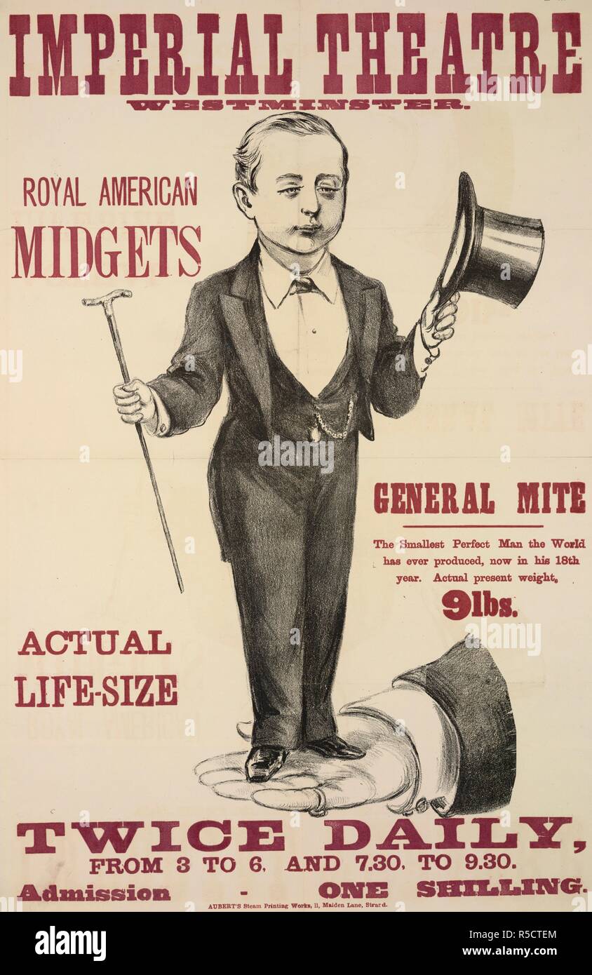 Imperial Theater, Westminster. Royal American Zwerge. Eine lebensgrosse Darstellung der Allgemeinen Milbe, die kleinste perfekte Mann der Welt je hervorgebracht hat. [London]: Aubert's Dampf Druck arbeitet, 11, Maiden Lane, Strang, 1882. Quelle: Evan. 1912. Sprache: Englisch. Stockfoto